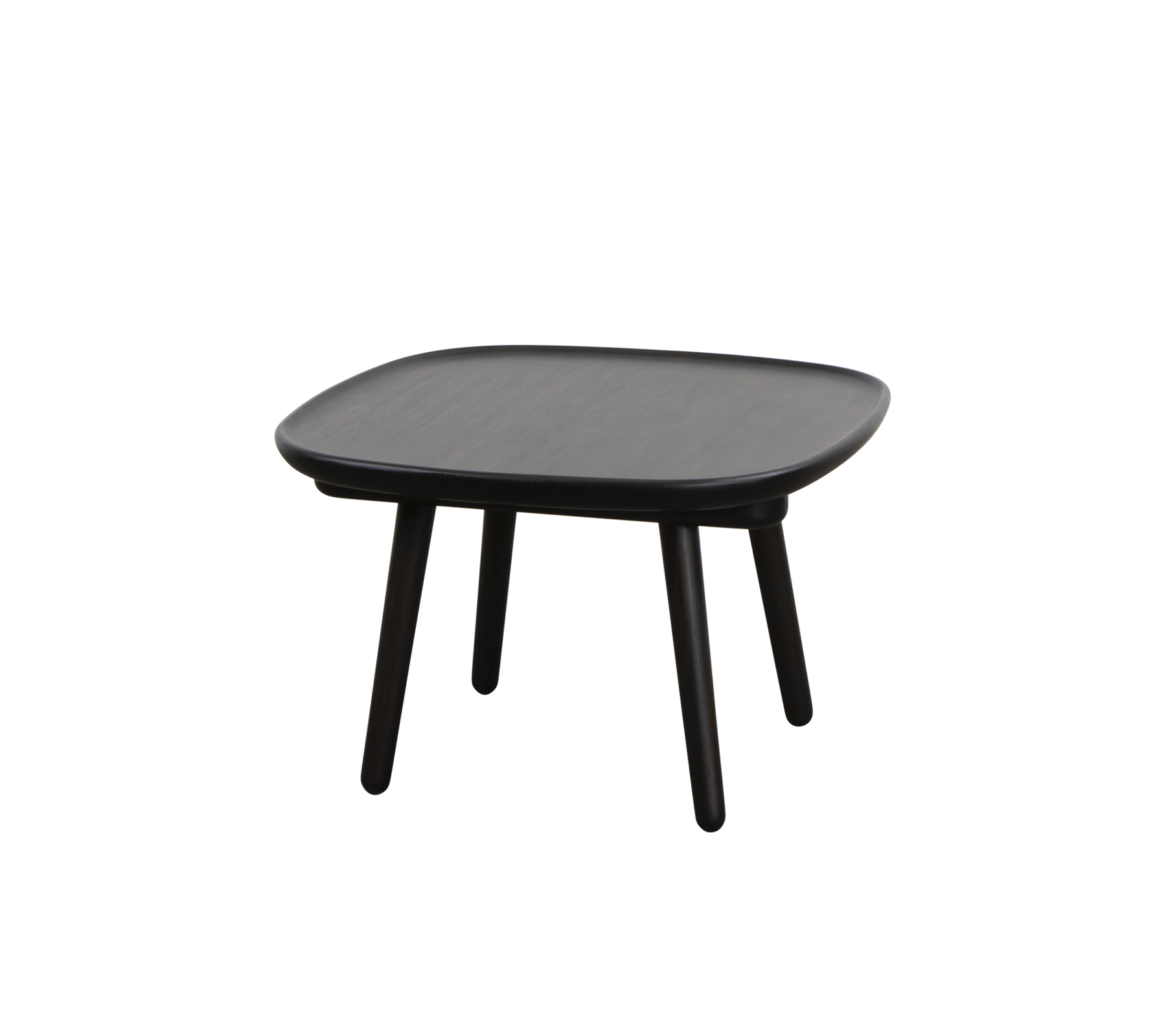 Firkantet svart bord med en jevn overflate og fire slanke ben, designet for allsidighet og enkelhet i stil.
