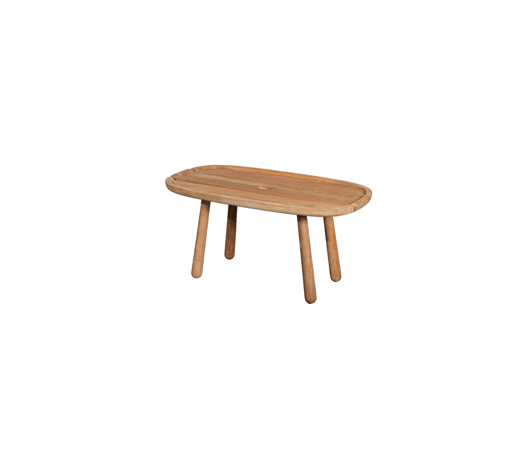 Et trebord med oval topp og fire solide ben, designet for en moderne eller rustikk estetikk.
