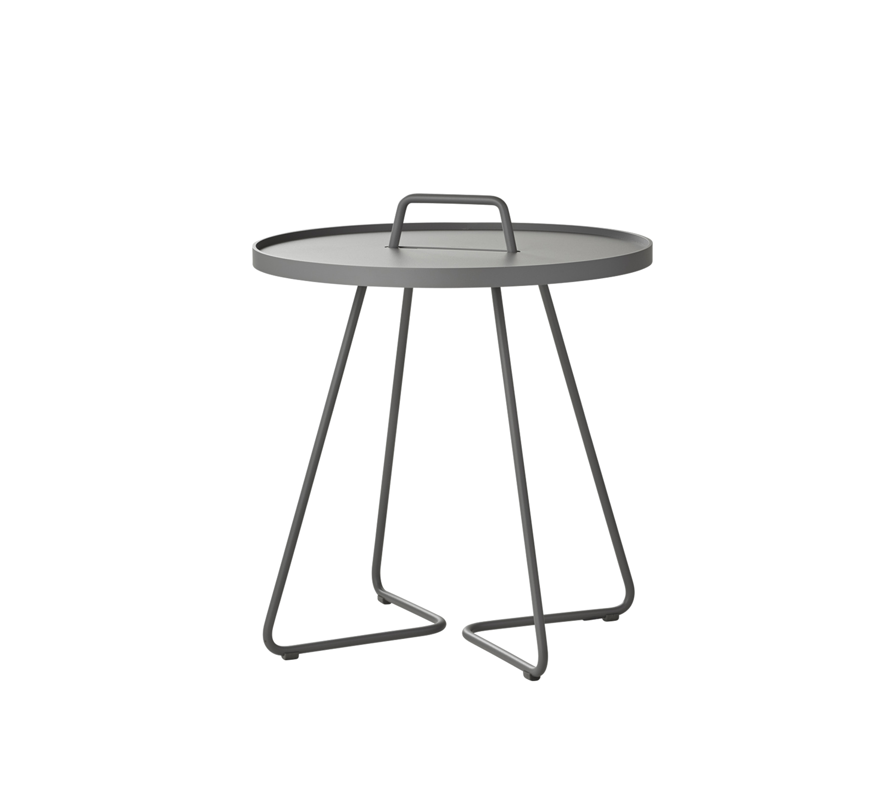 Rundt bord med en slank grå topp og minimalistiske metallben, designet for allsidig bruk i ulike miljøer.