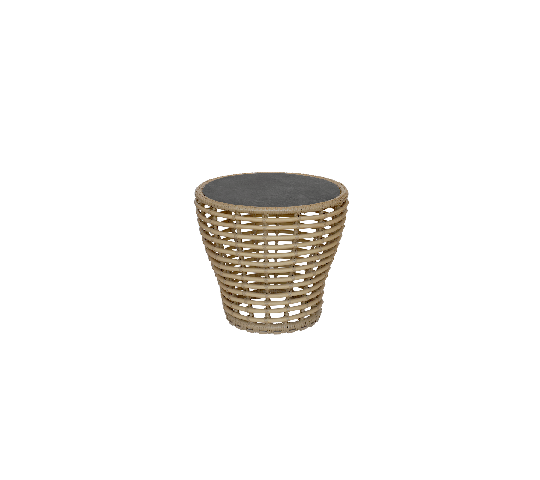 Et stilrent rundt sidebord med et vevd design og en mørk topp, perfekt for å tilføre et moderne preg til ethvert rom.