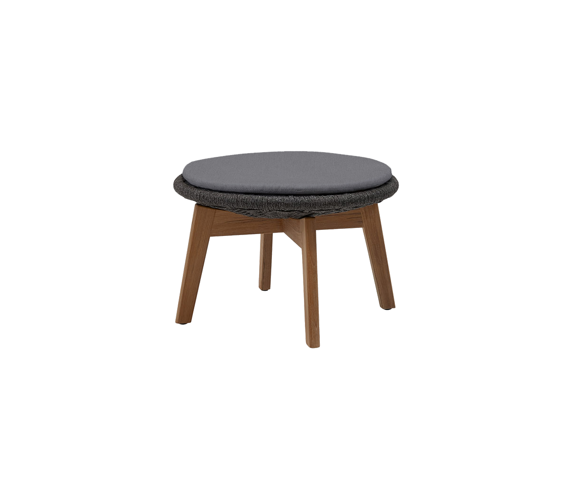 Rund ottoman med en mørkegrå polstret topp og treben, designet for allsidig sitteplasser eller som en fotstøtte.