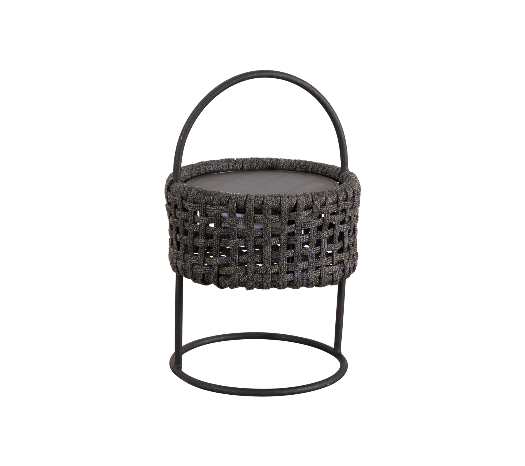 Flettet krakkel med rundt sete og håndtak, med en solid metallramme og et stilrent, moderne design.