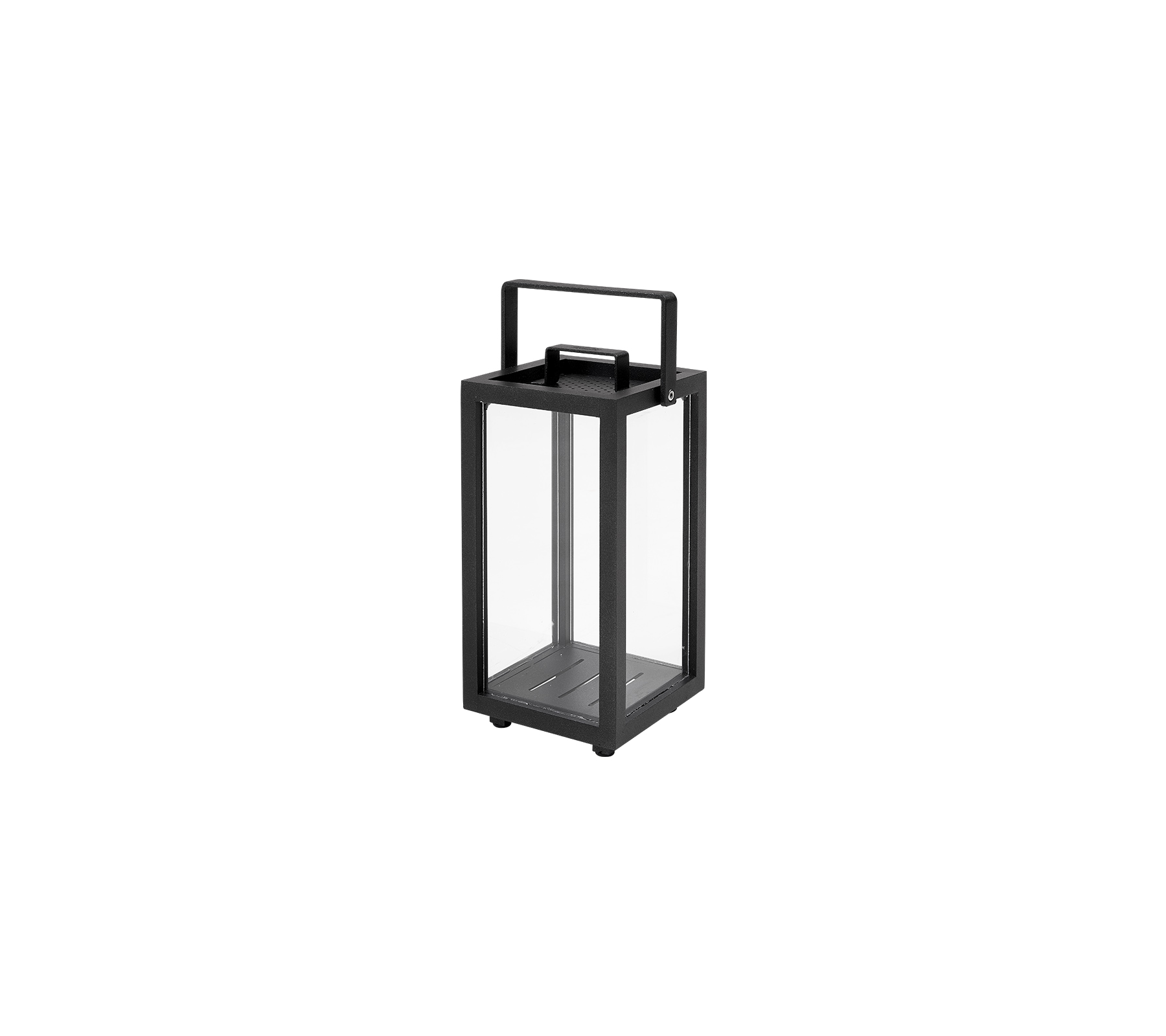 Firkantet lantern med svart ramme og glasspaneler, med et håndtak på toppen for enkel bæring.