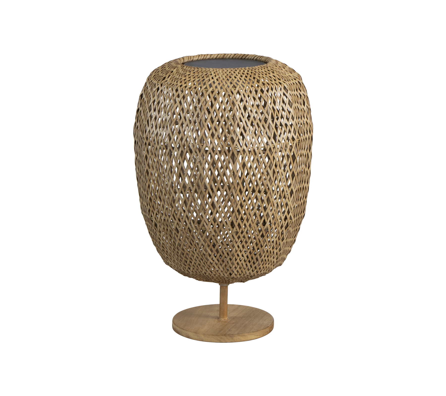 Vevet lampe i naturfiber med en rund form og en stabil base, som gir et stilfullt preg til enhver innredning.