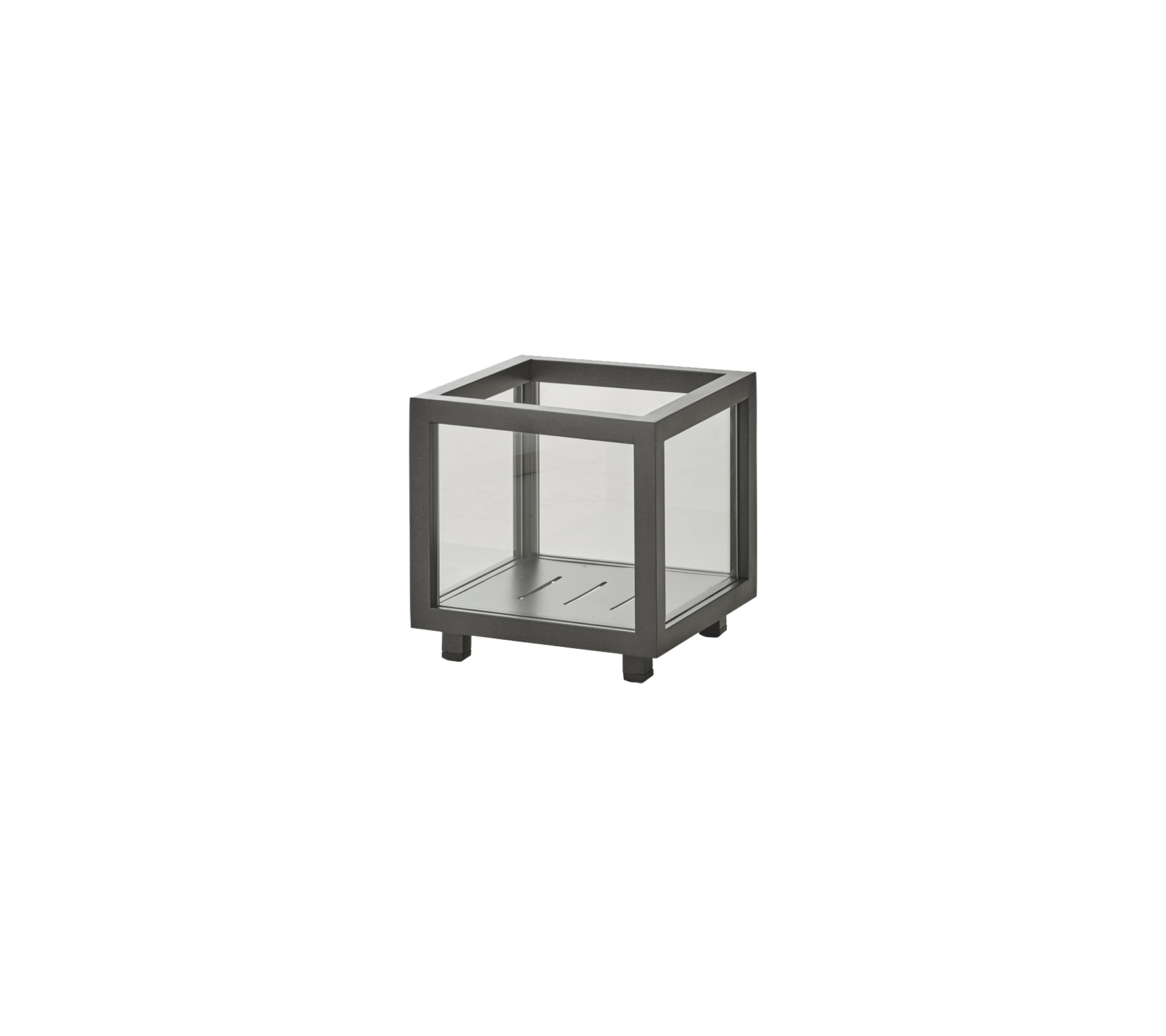 Minimalistisk firkantet sidebord med metallramme og glasskiver, som gir et moderne preg til ethvert rom.