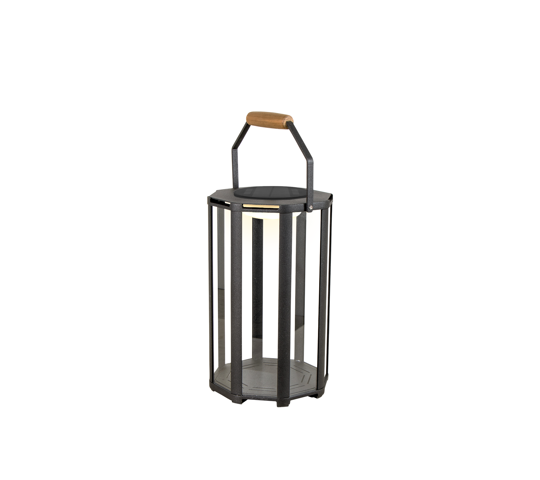 Stilig lanterne med metallramme og trehåndtak, med LED-belysning for et moderne preg.