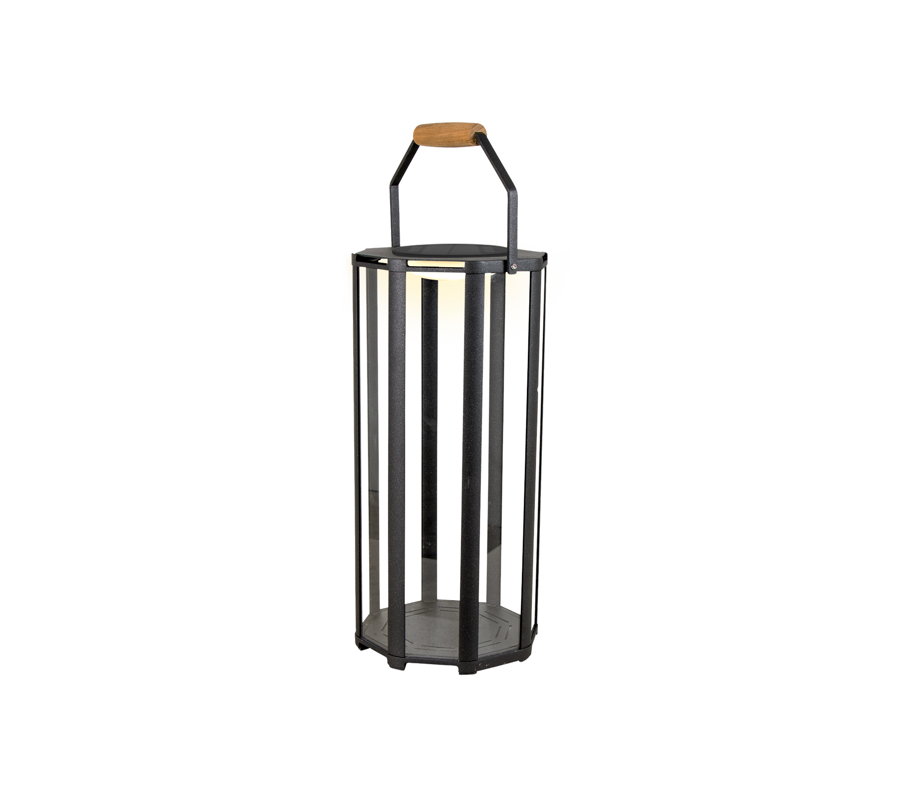 En sirkulær lanterne med en metallramme med vertikale stenger og et trehåndtak, designet for LED-belysning.