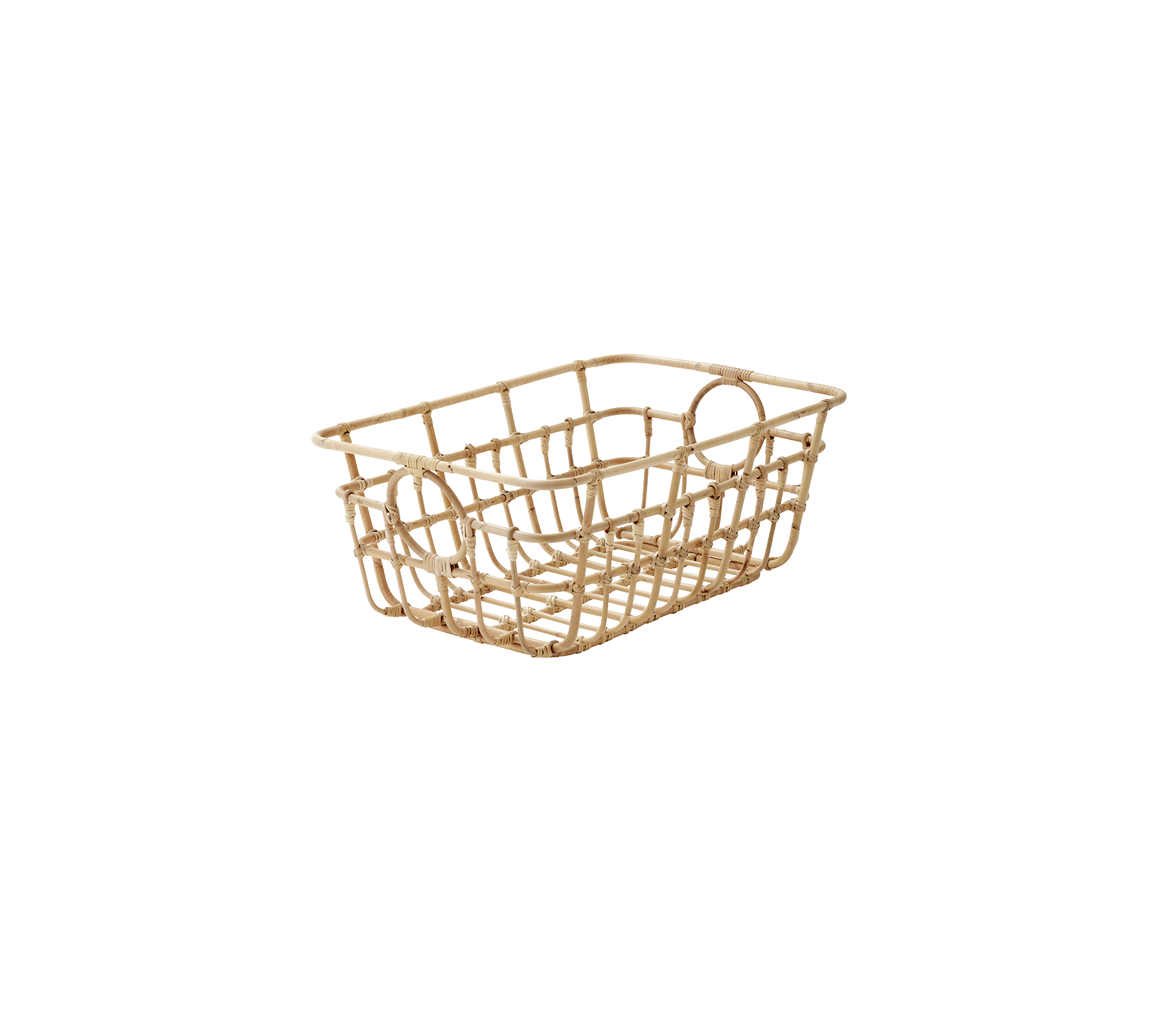 En lett treoppbevaringskurv med åpen design, ideell for å organisere små gjenstander eller som en dekorativ beholder.