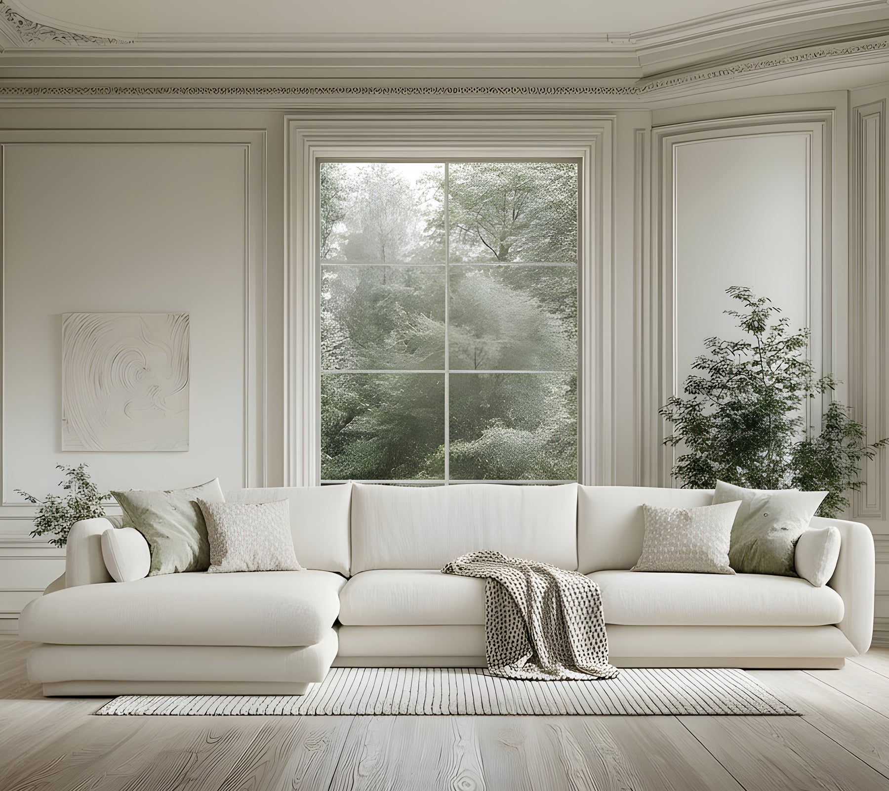 Moderne hvit sofa med grønne puter og et grått teppe i en minimalistisk stueinnredning.