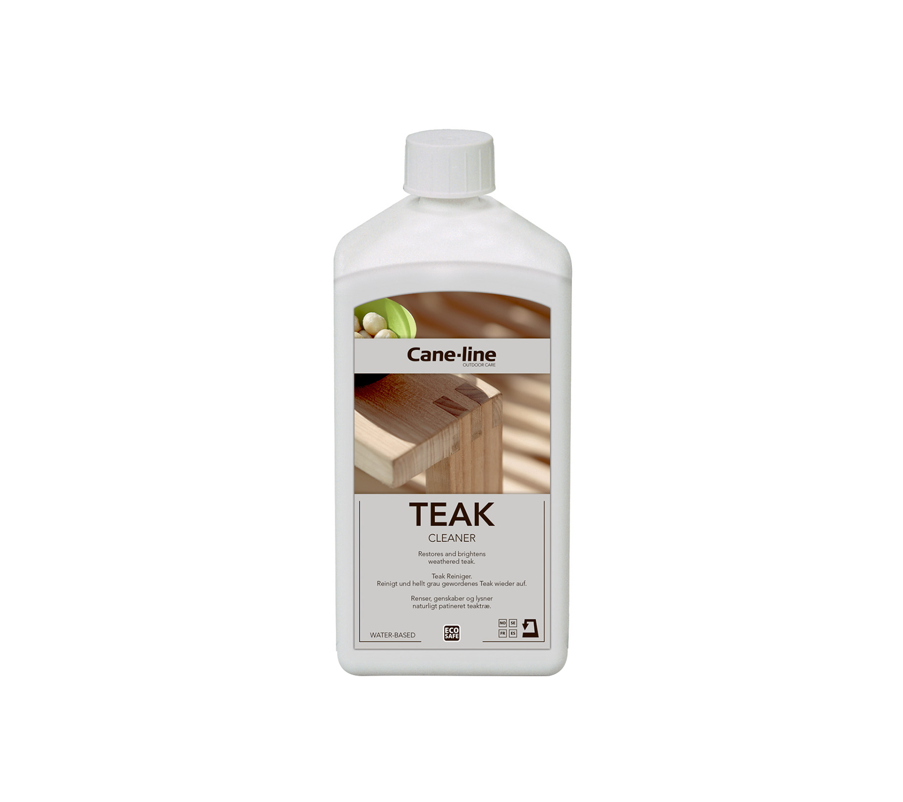 Flaske med teakolje for trepleie, med etikett som inneholder produktinformasjon og bruksanvisning.