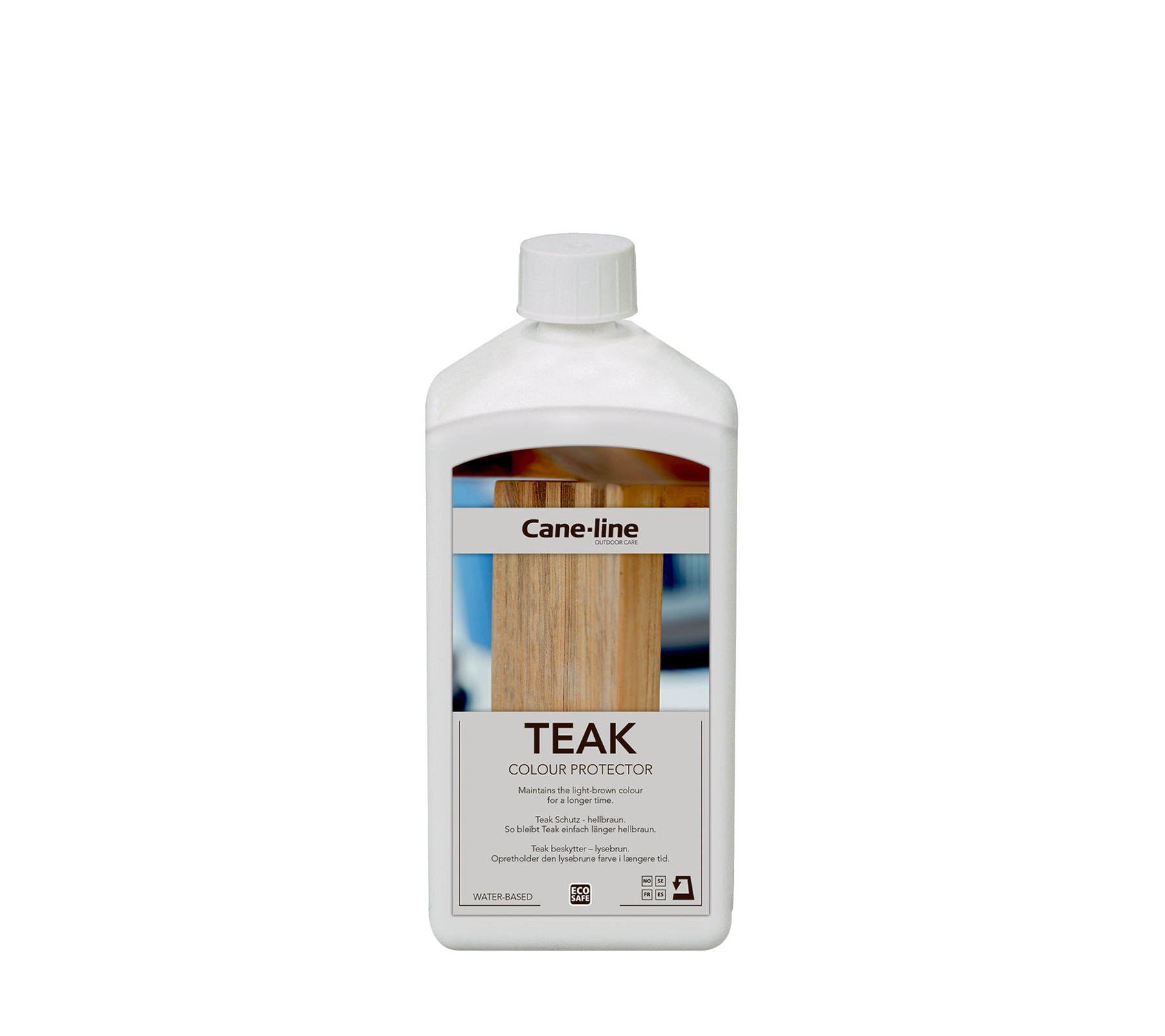 Beholder med teakfargebeskytter fra Cane-line, designet for å opprettholde og forbedre utseendet til teakoverflater.