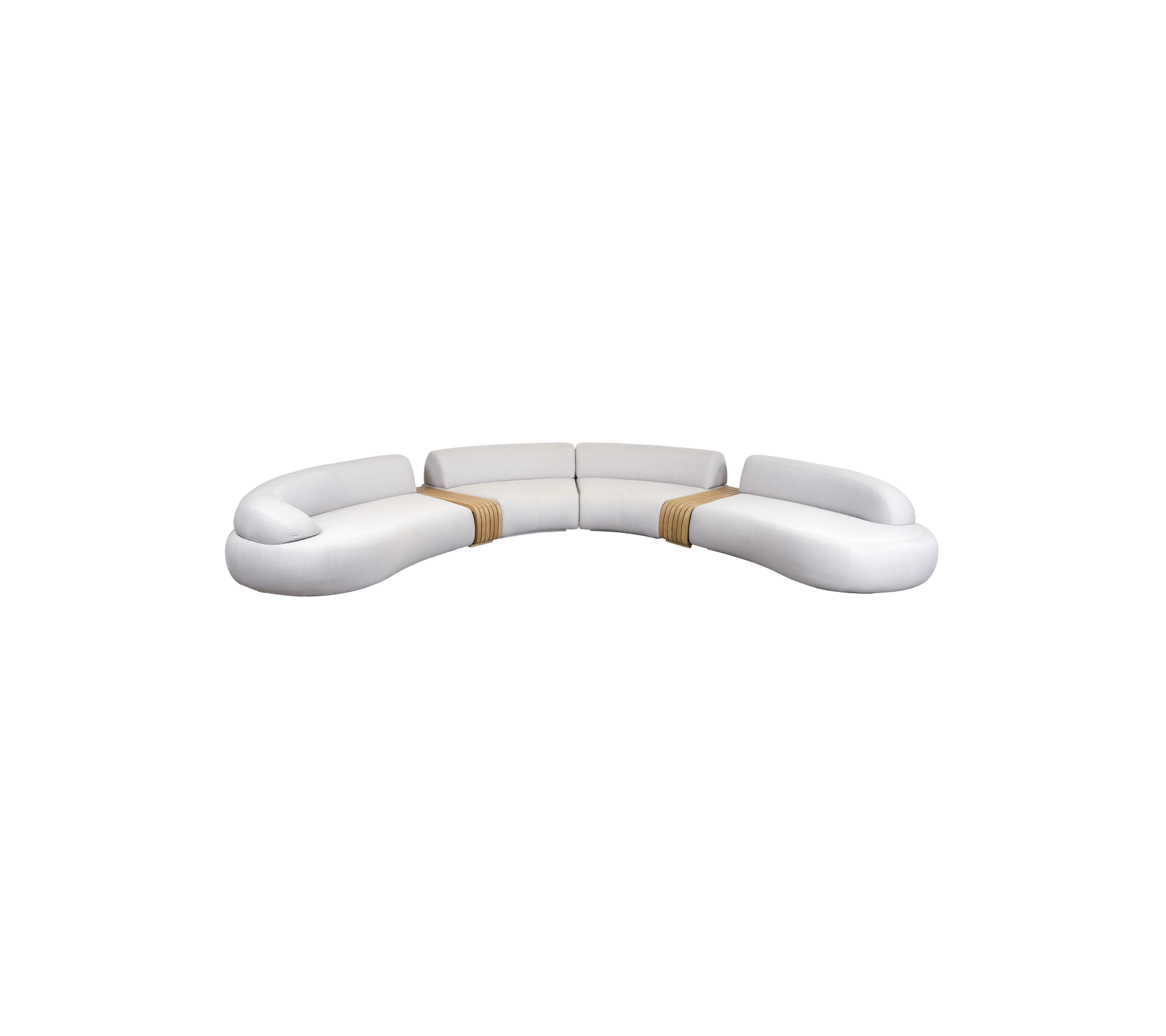 Krum hvit sofa med myke linjer og tre detaljer, designet for komfort og moderne estetikk. Ideell for ethvert oppholdsrom.