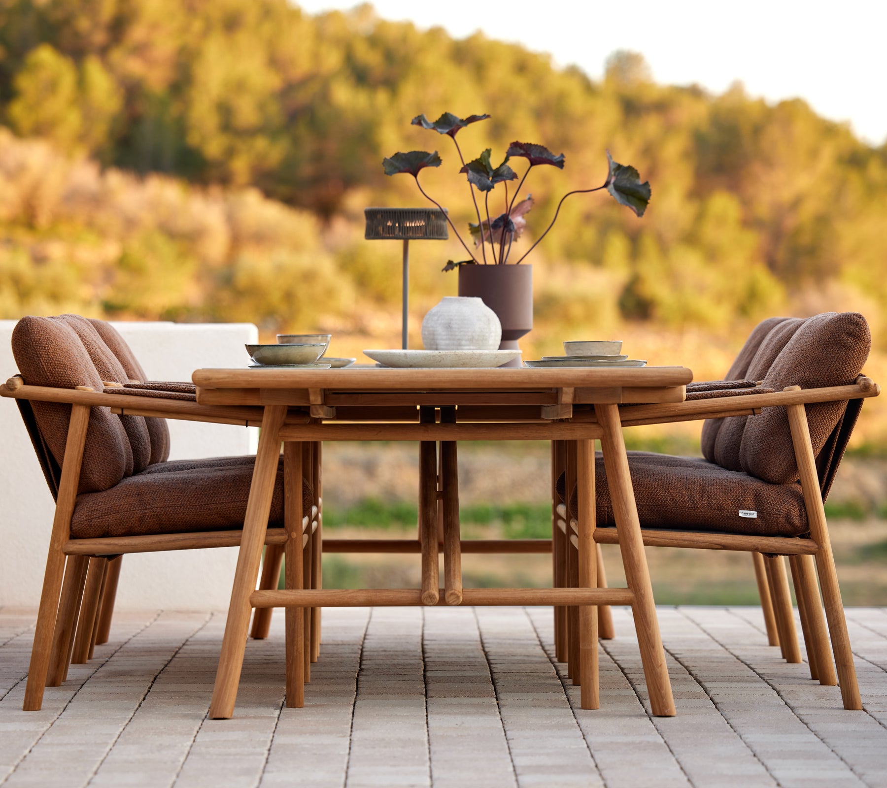 Teak spisebordsett med stilige puter, omkranset av et midtpunkt av dekorative planter, perfekt for sammenkomster.