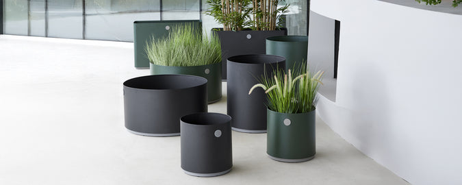 Moderne svarte og grønne potter med planter arrangert i en moderne setting.