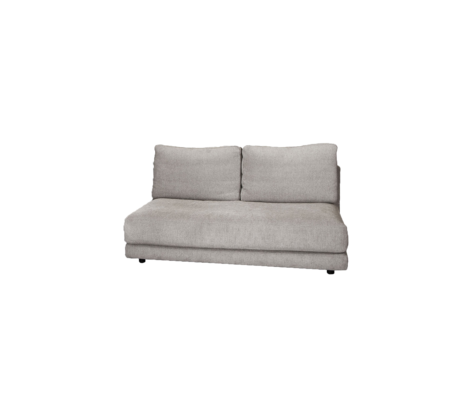 Lys grå polstret sofa med to ryggputer, designet for komfort og moderne estetikk. Ideal for koselige sitteordninger.