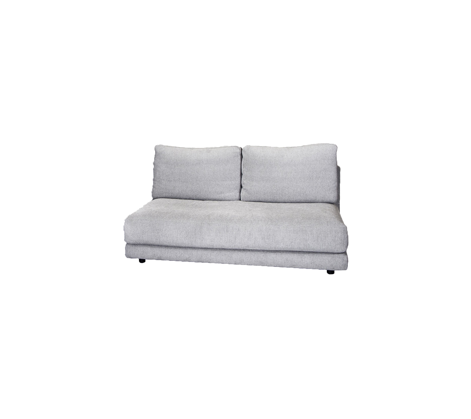 Grå polstret sofa med to ryggputer, med et slankt, moderne design. Ideell for å forbedre koselige rom.