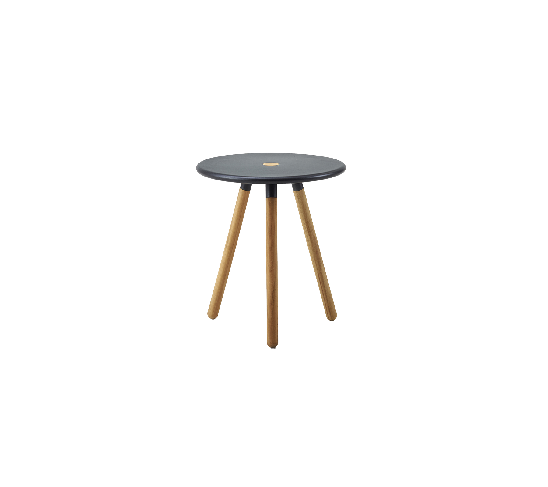 Et lite, moderne sidebord med en rund, mørk topp og tre treben som gir et stilfullt tillegg til ethvert rom.