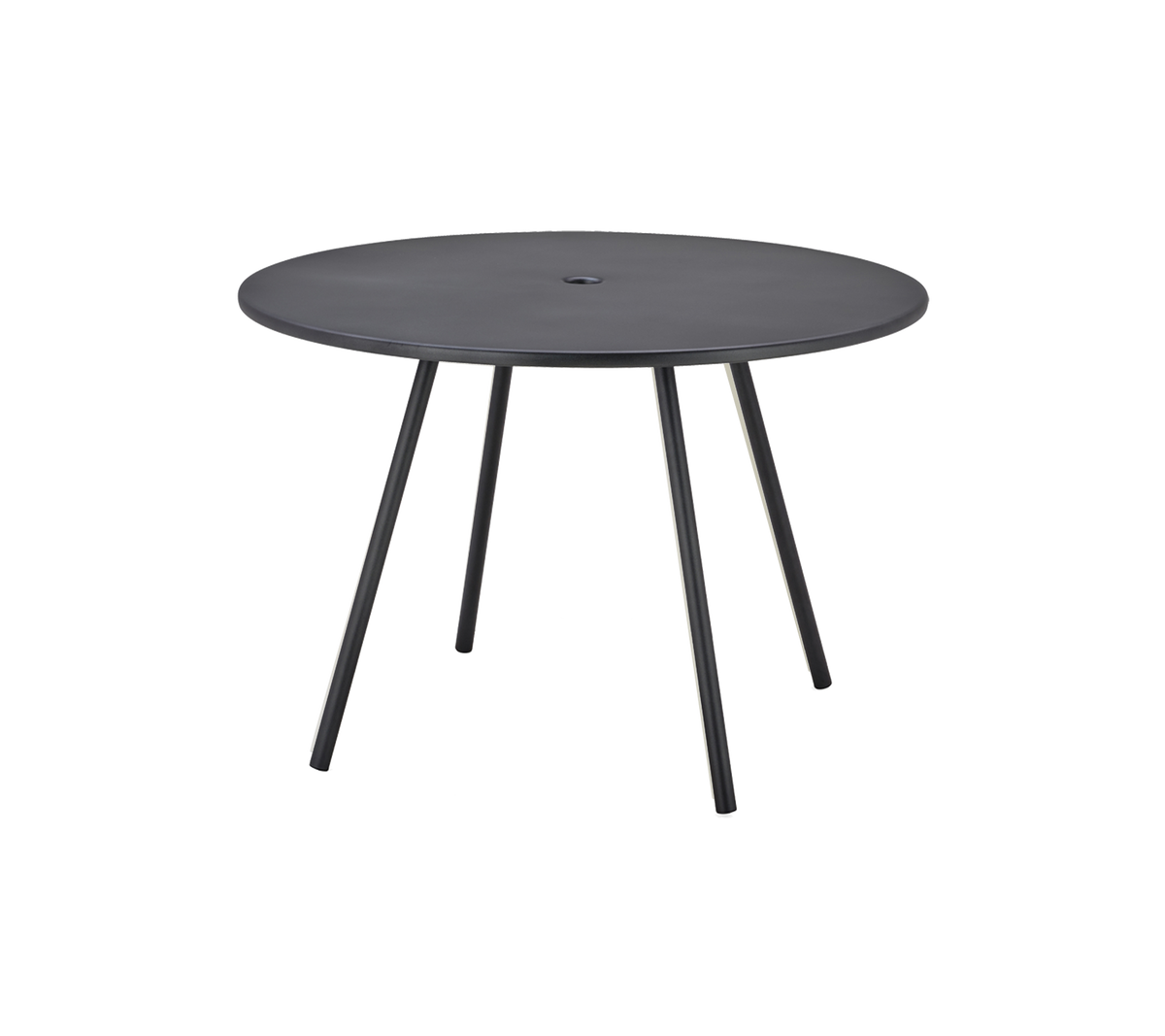 Rund svart bord med en glatt overflate og tre slanke ben, designet for allsidig bruk.