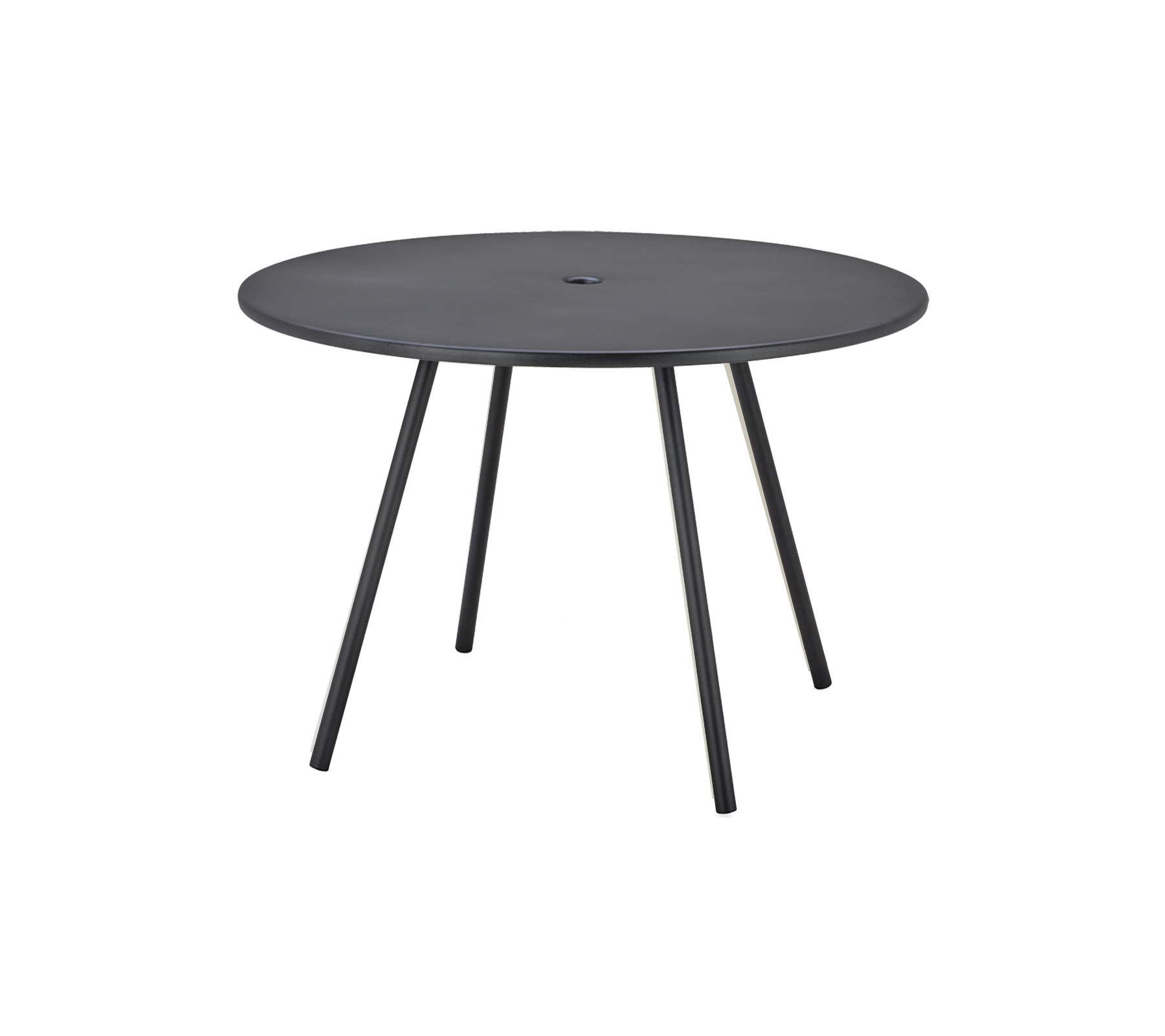 Rund svart bord med en glatt overflate og tre slanke ben, designet for allsidig bruk.