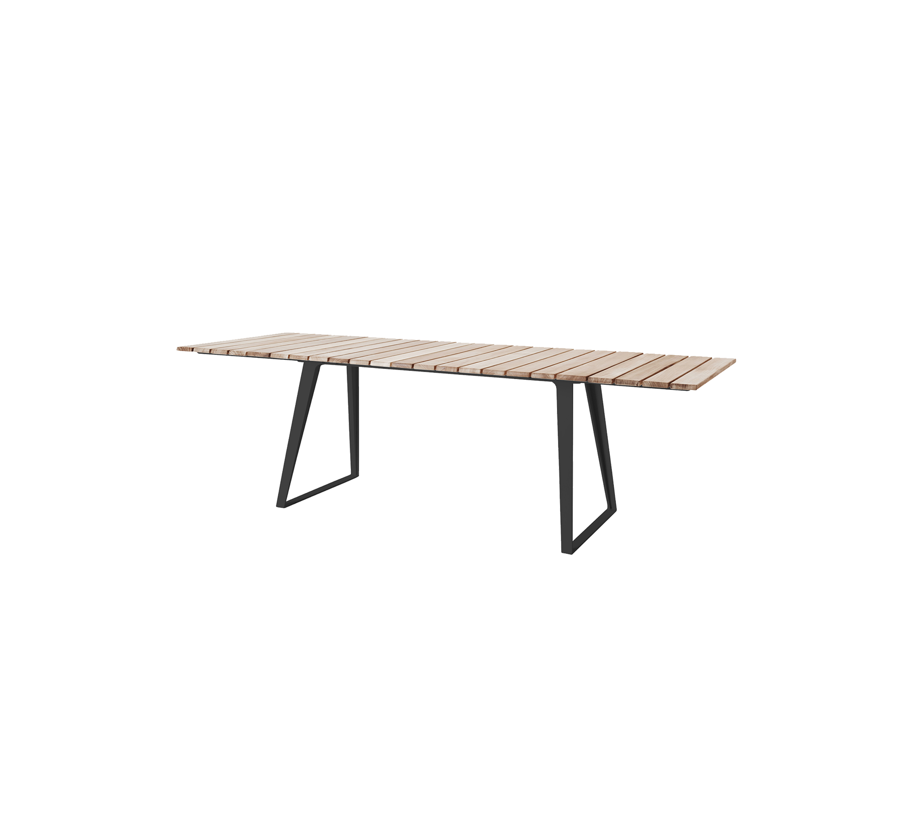 Moderne trebord med en lamellert topp og slanke metallben, egnet for ulike innstillinger og sammenkomster.