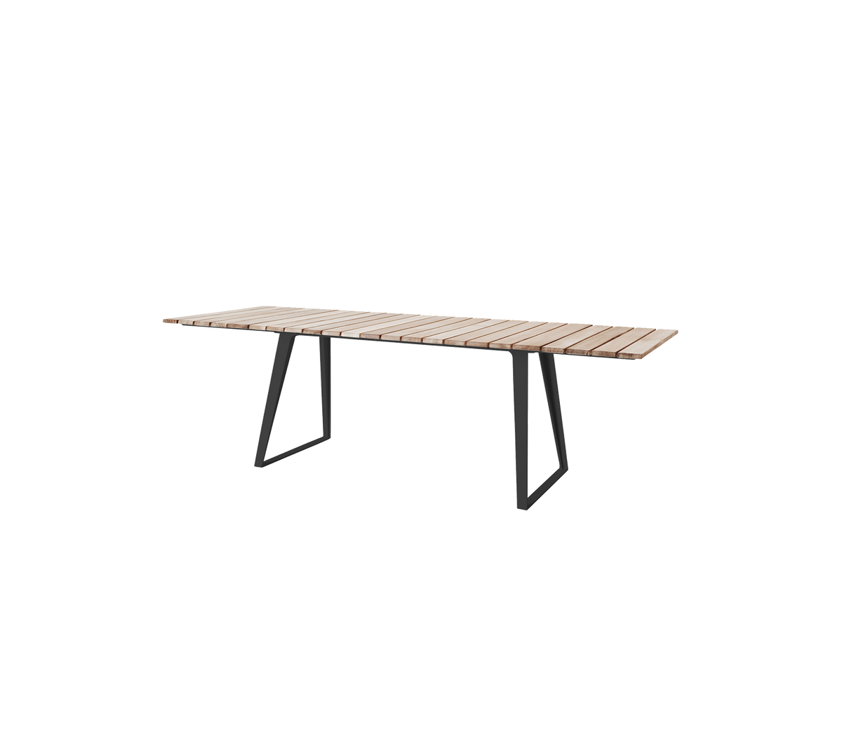 Moderne trebord med en lamellert topp og slanke metallben, egnet for ulike innstillinger og sammenkomster.