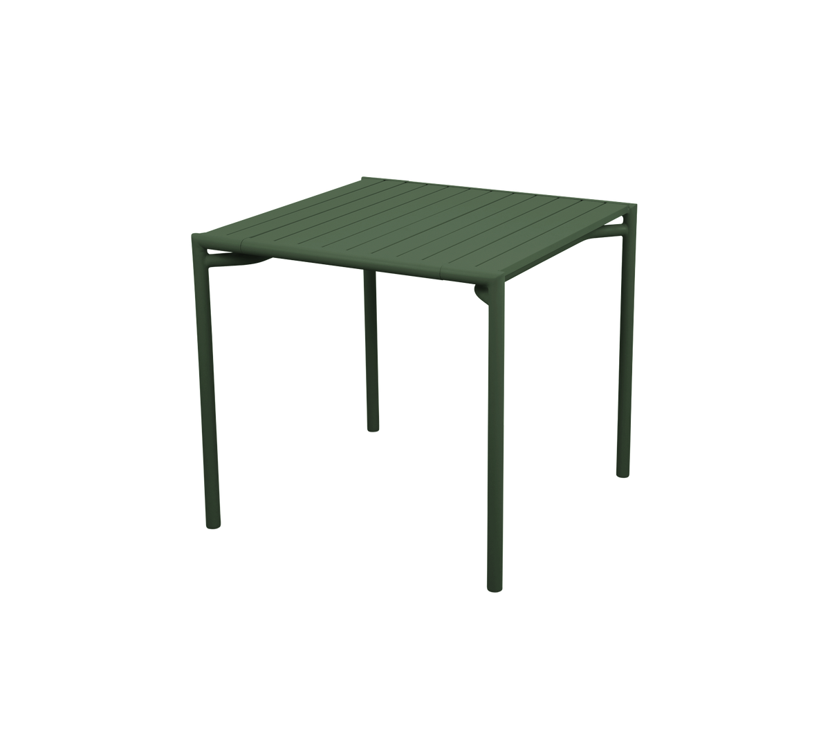 Firkantet bord med lamellert overflate og solide grønne ben, designet for allsidig bruk i ulike omgivelser.