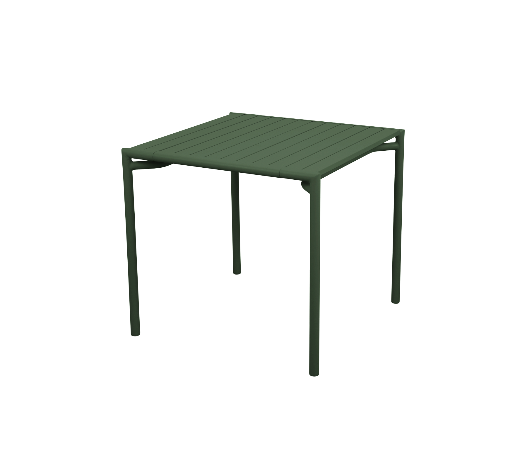 Firkantet bord med lamellert overflate og solide grønne ben, designet for allsidig bruk i ulike omgivelser.