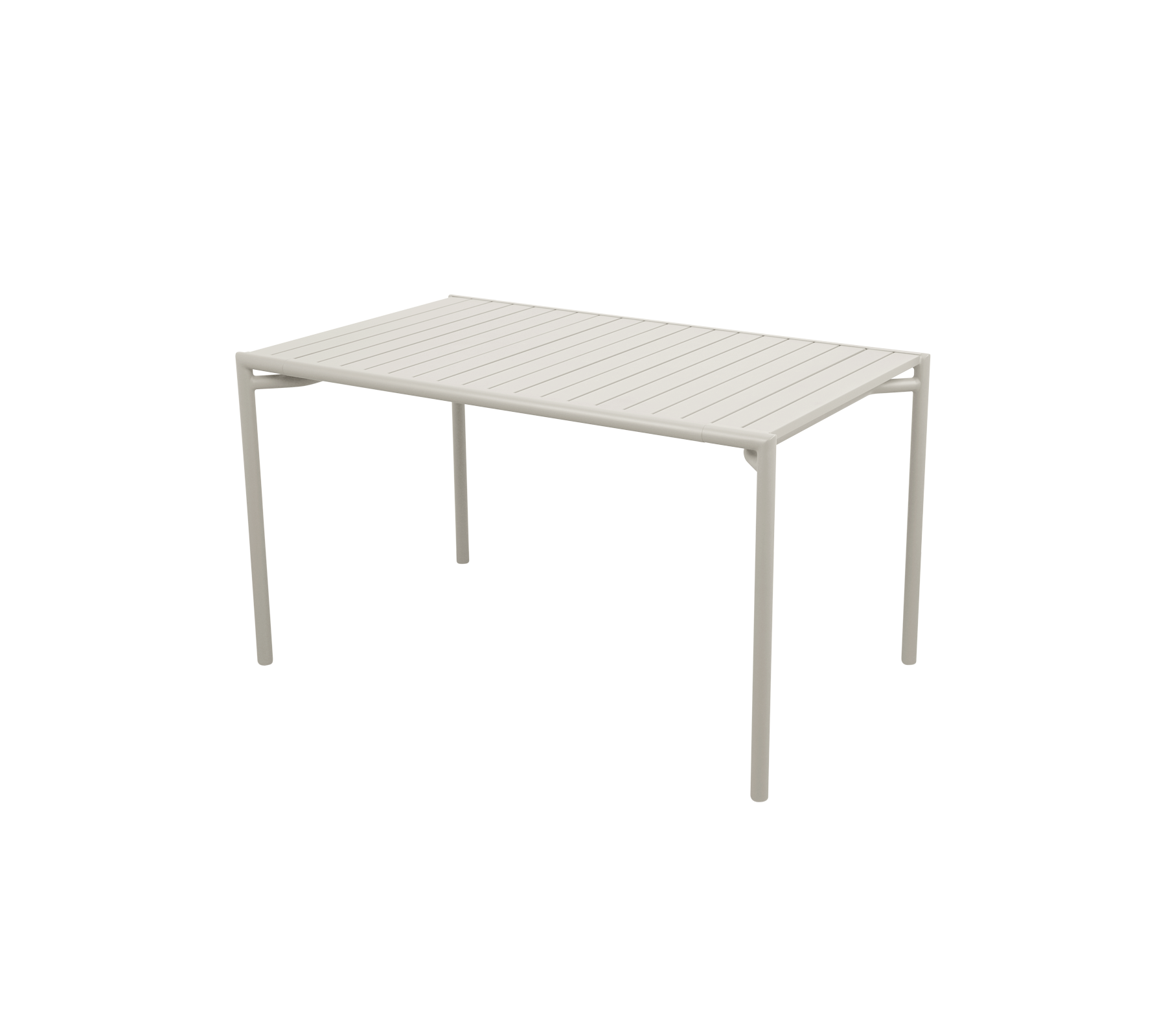 Rektangulært bord med en lamellert overflate og fire rette ben, med et moderne og minimalistisk design i en lys farge.