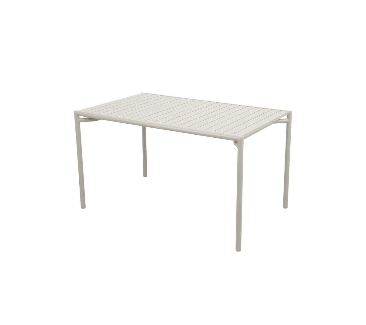 Rektangulært bord med en lamellert overflate og fire rette ben, med et moderne og minimalistisk design i en lys farge.