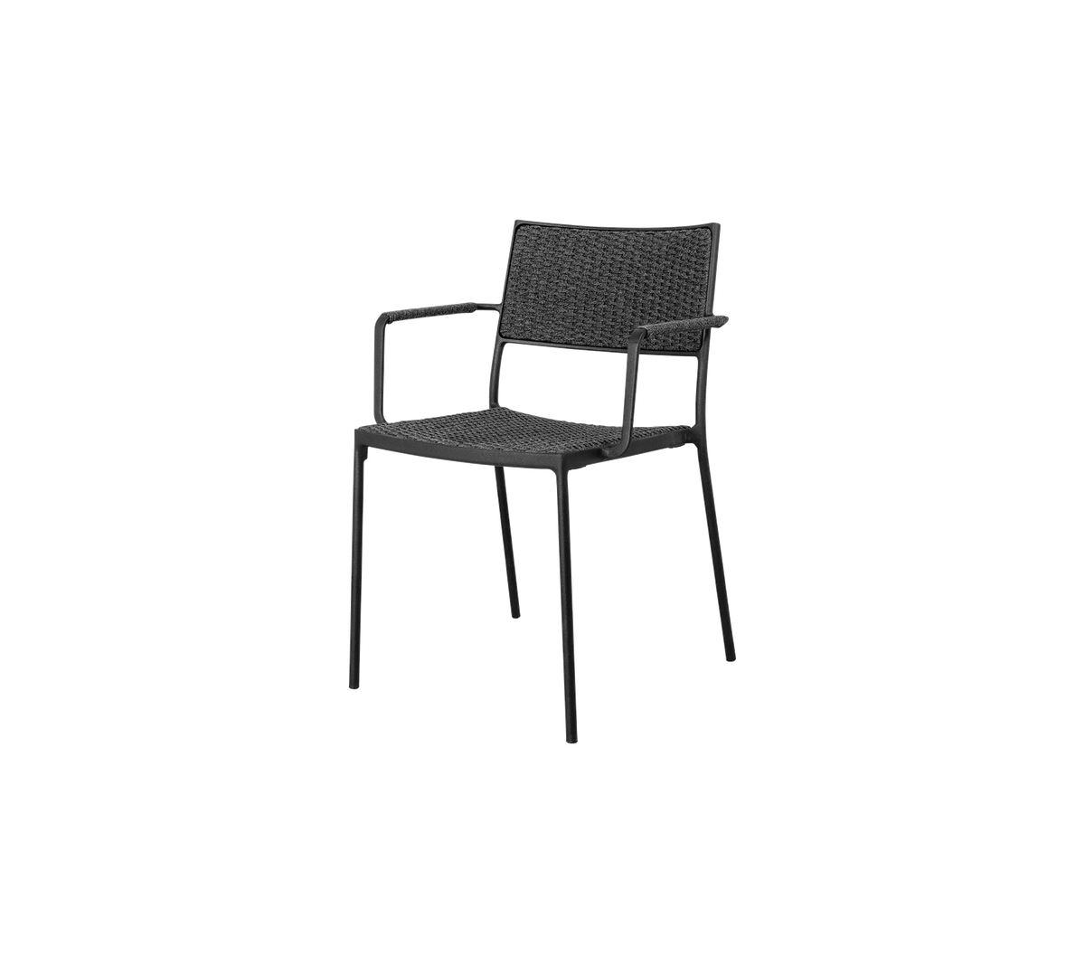 Svart vevd lenestol med minimalistisk design, med solid ramme og komfortabel sitteplass for uformelle eller formelle settinger.