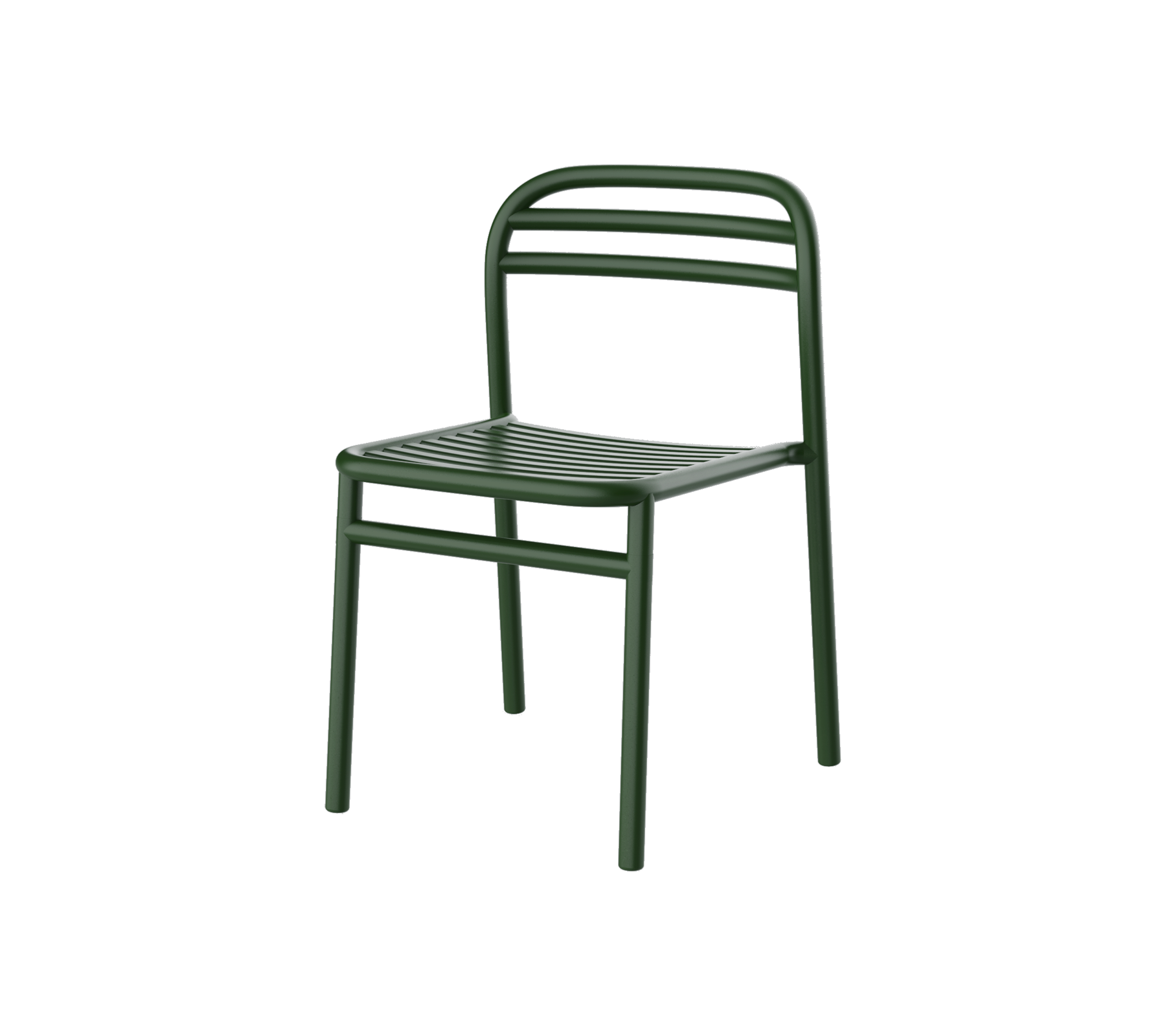 Grønn metallstol med enkel design, med spalte-sete og ryggstøtte for komfort og stil. Perfekt for allsidige omgivelser.
