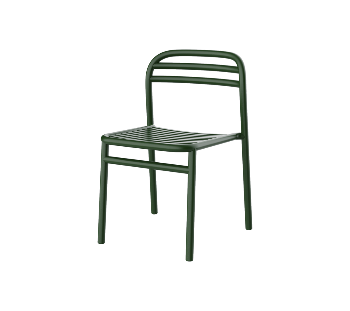 Grønn metallstol med enkel design, med spalte-sete og ryggstøtte for komfort og stil. Perfekt for allsidige omgivelser.