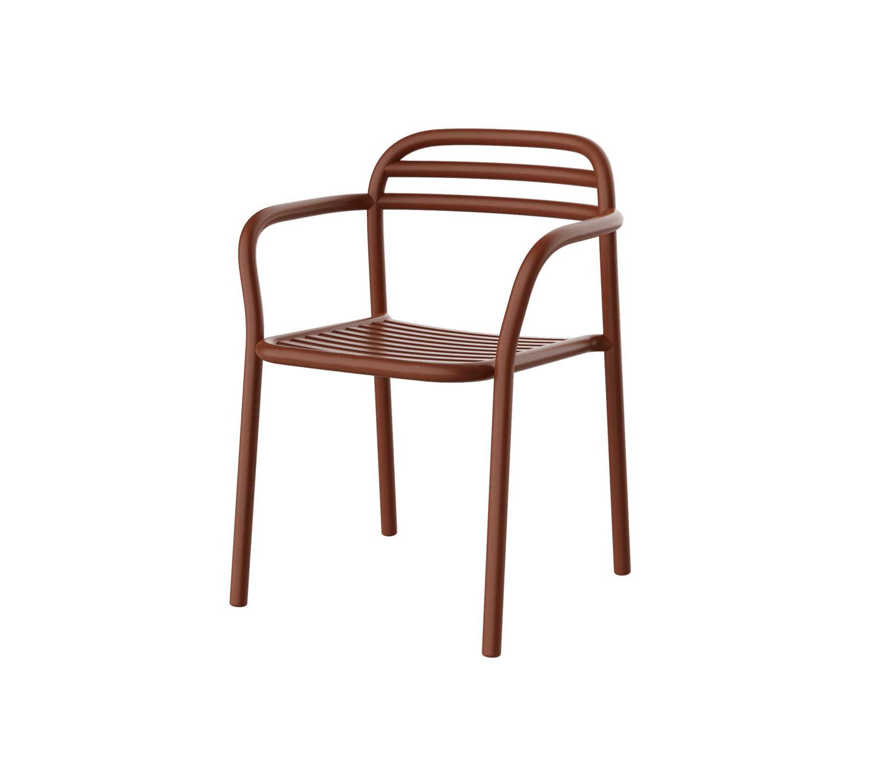 Brun stol med moderne design som har buede armlener og horisontale planker på ryggstøtten. Ideell for uformell sitteplass.
