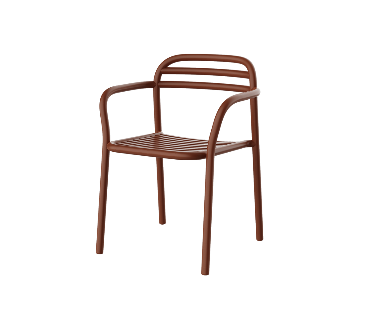 Brun stol med moderne design som har buede armlener og horisontale planker på ryggstøtten. Ideell for uformell sitteplass.