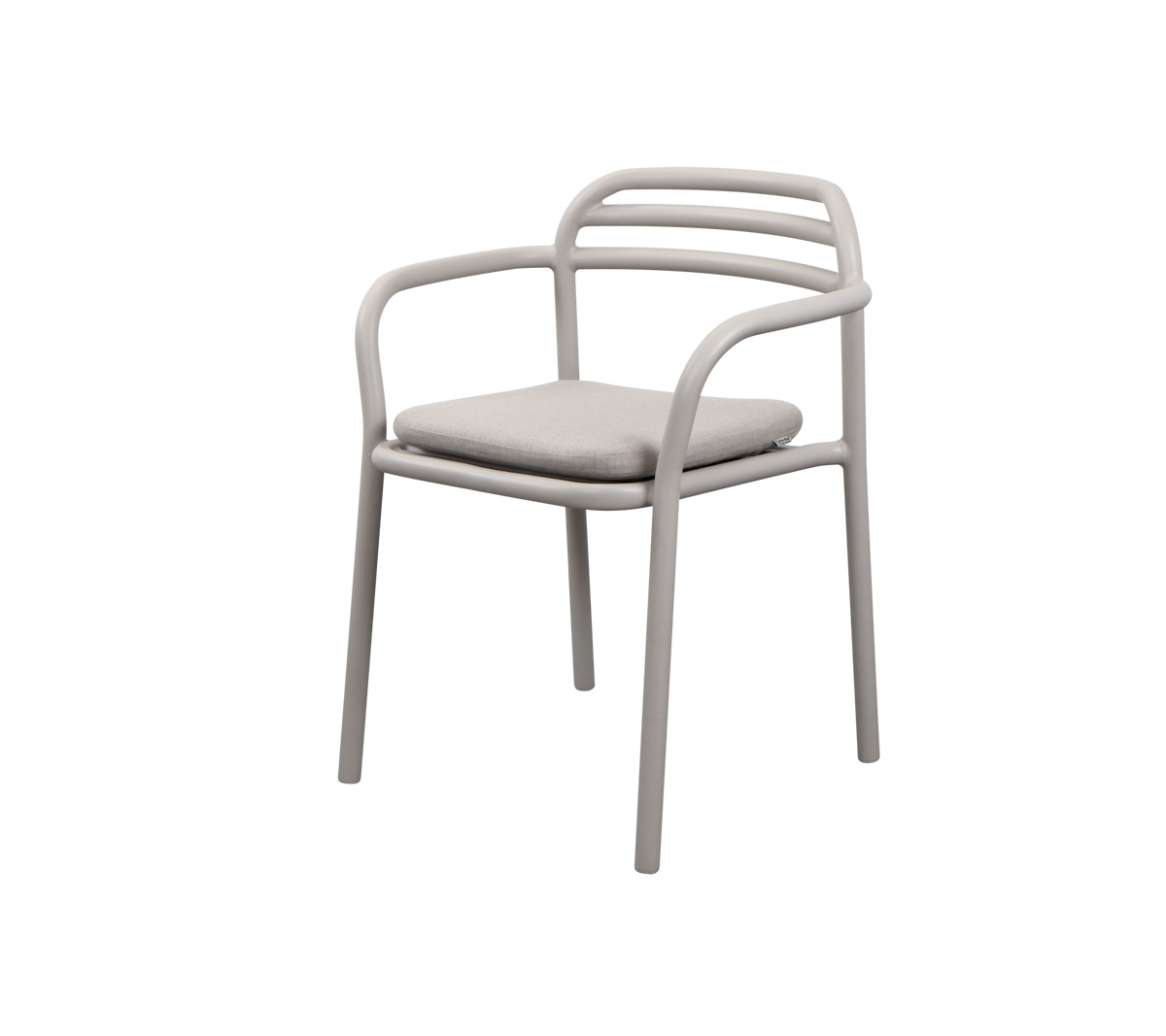 En moderne lenestol med et stilrent design, runde armlener og en polstret sete i en nøytral farge.