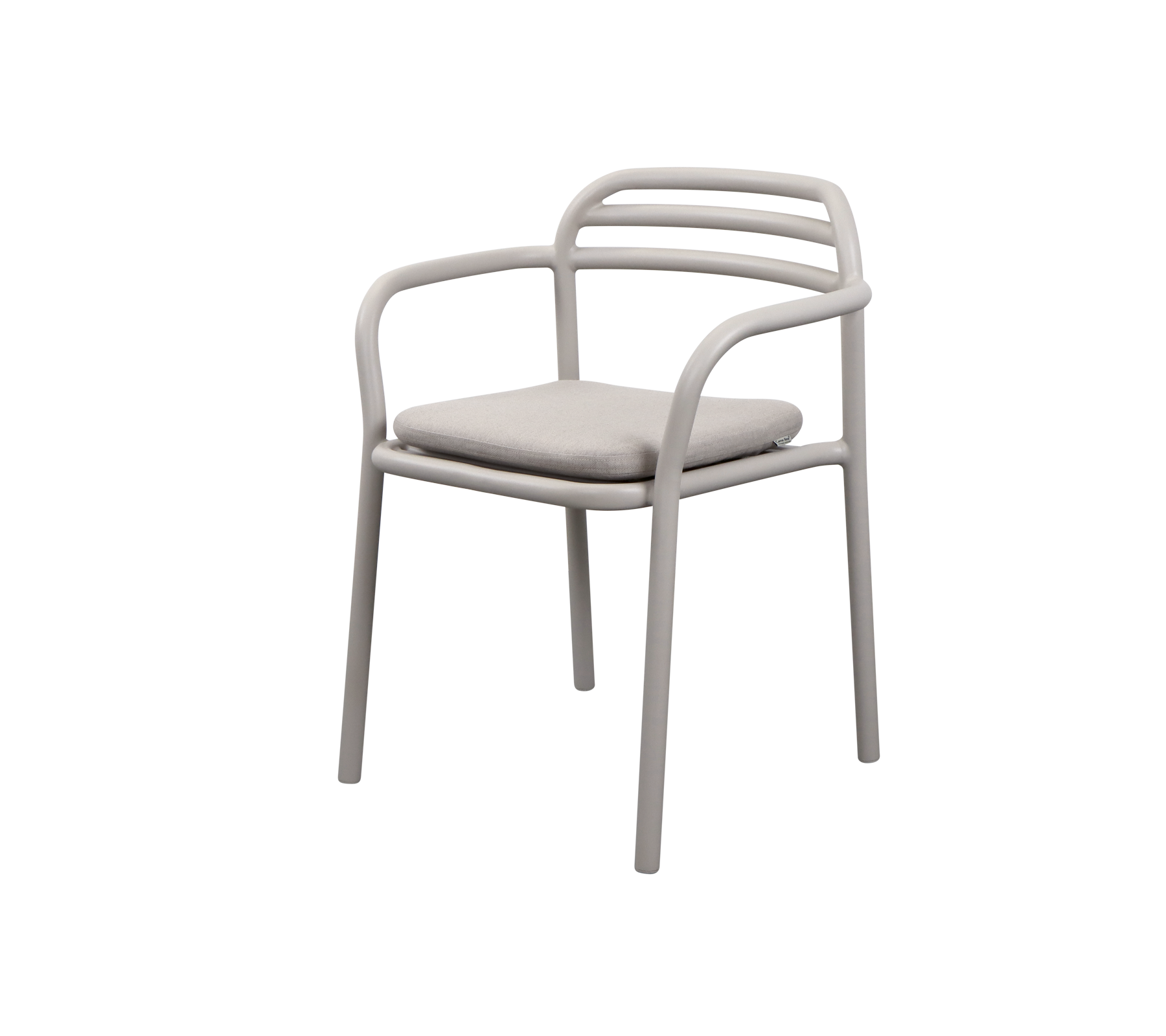 En moderne lenestol med et stilrent design, runde armlener og en polstret sete i en nøytral farge.