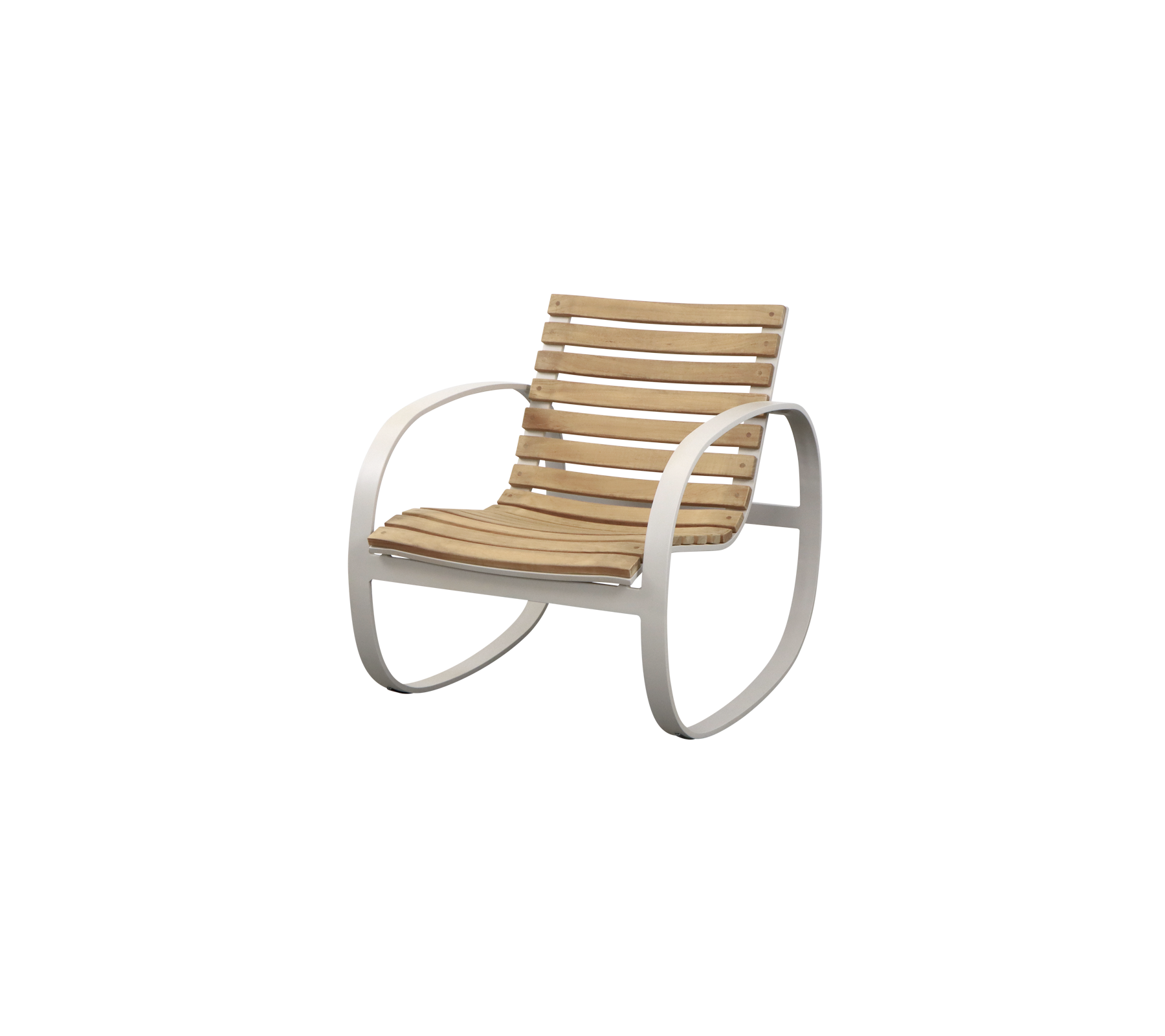 Stilig gyngestol med en slatted tre sete og en slank, buet metallramme. Ideell for avslappet sittende og komfort.