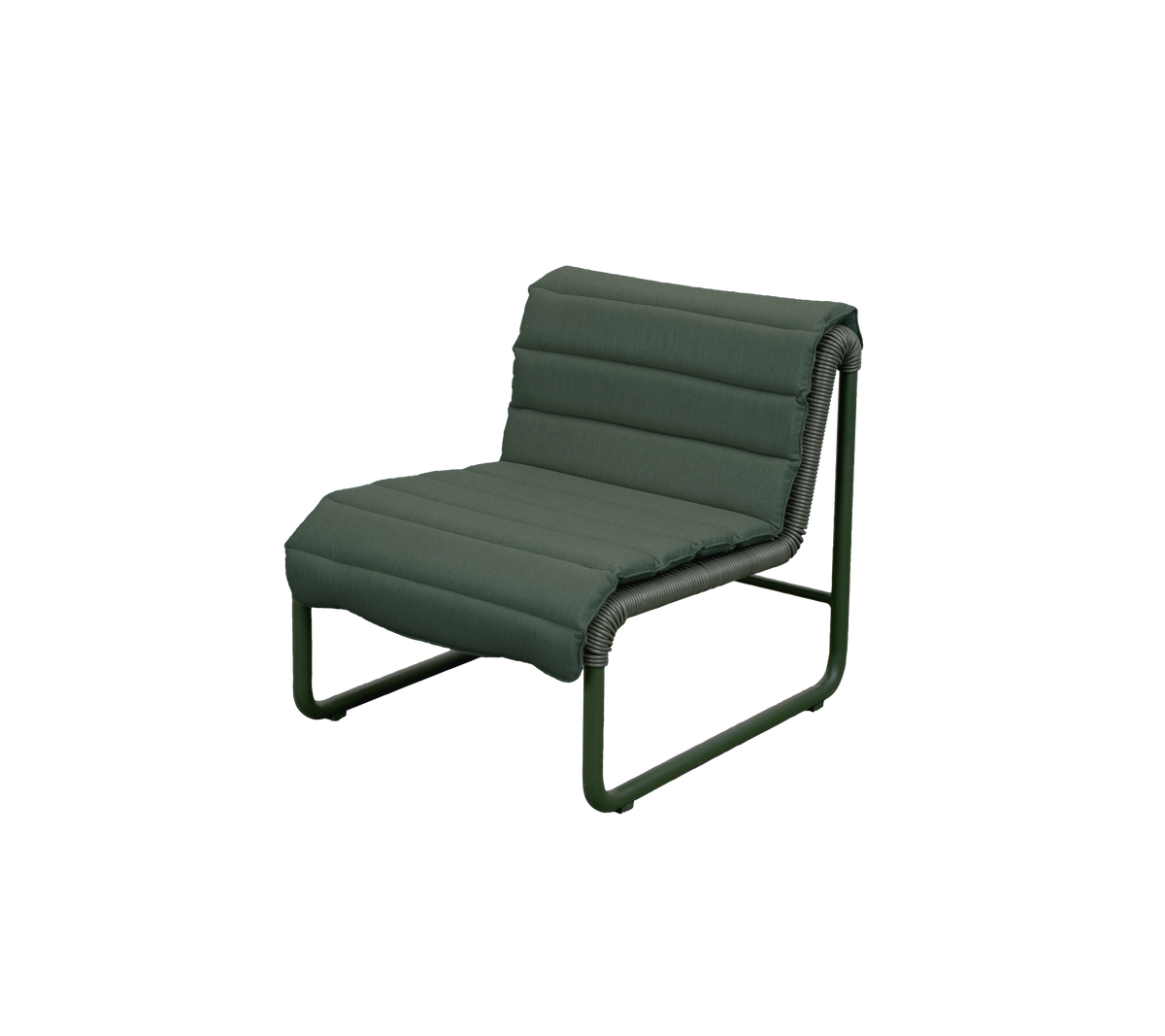 Moderne mørkegrønn lenestol med minimalistisk design.