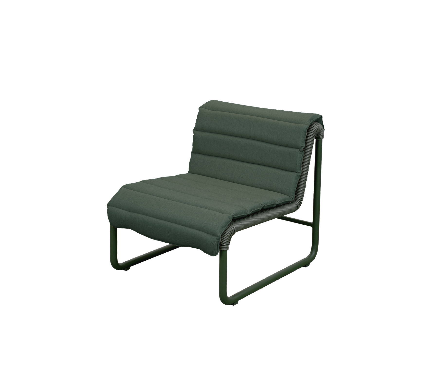 Moderne mørkegrønn lenestol med minimalistisk design.