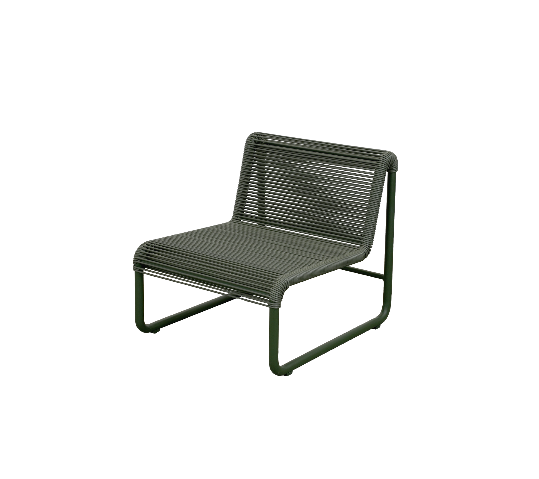Mørkegrønn stol med et distinkt ribbet design og metallramme.