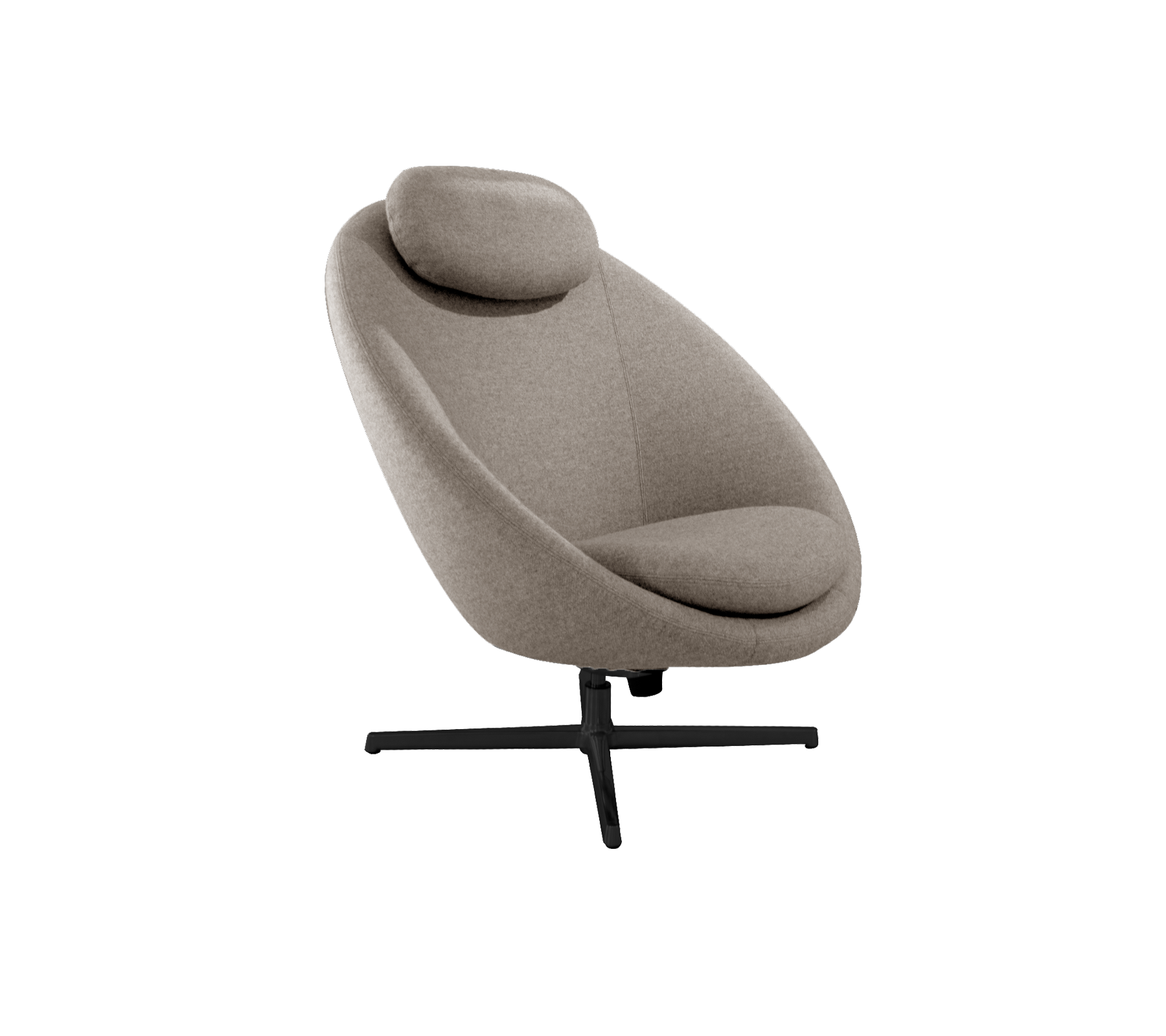 Stilfull lounge stol med kurvet design, mykt trekk, og en støttende hodestøtte, montert på en elegant base.