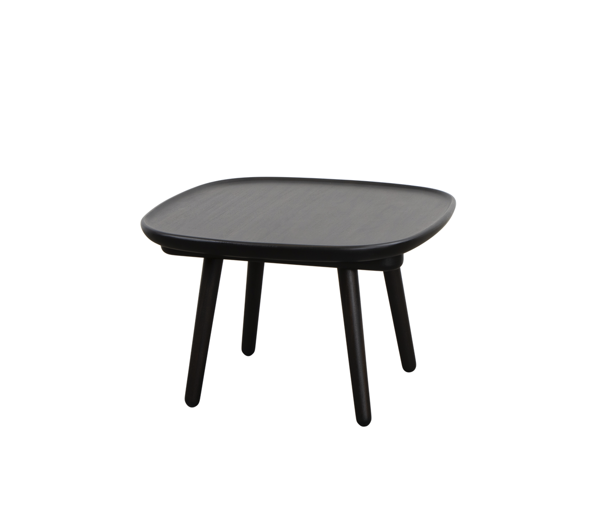 Firkantet svart bord med en jevn overflate og fire slanke ben, designet for allsidighet og enkelhet i stil.
