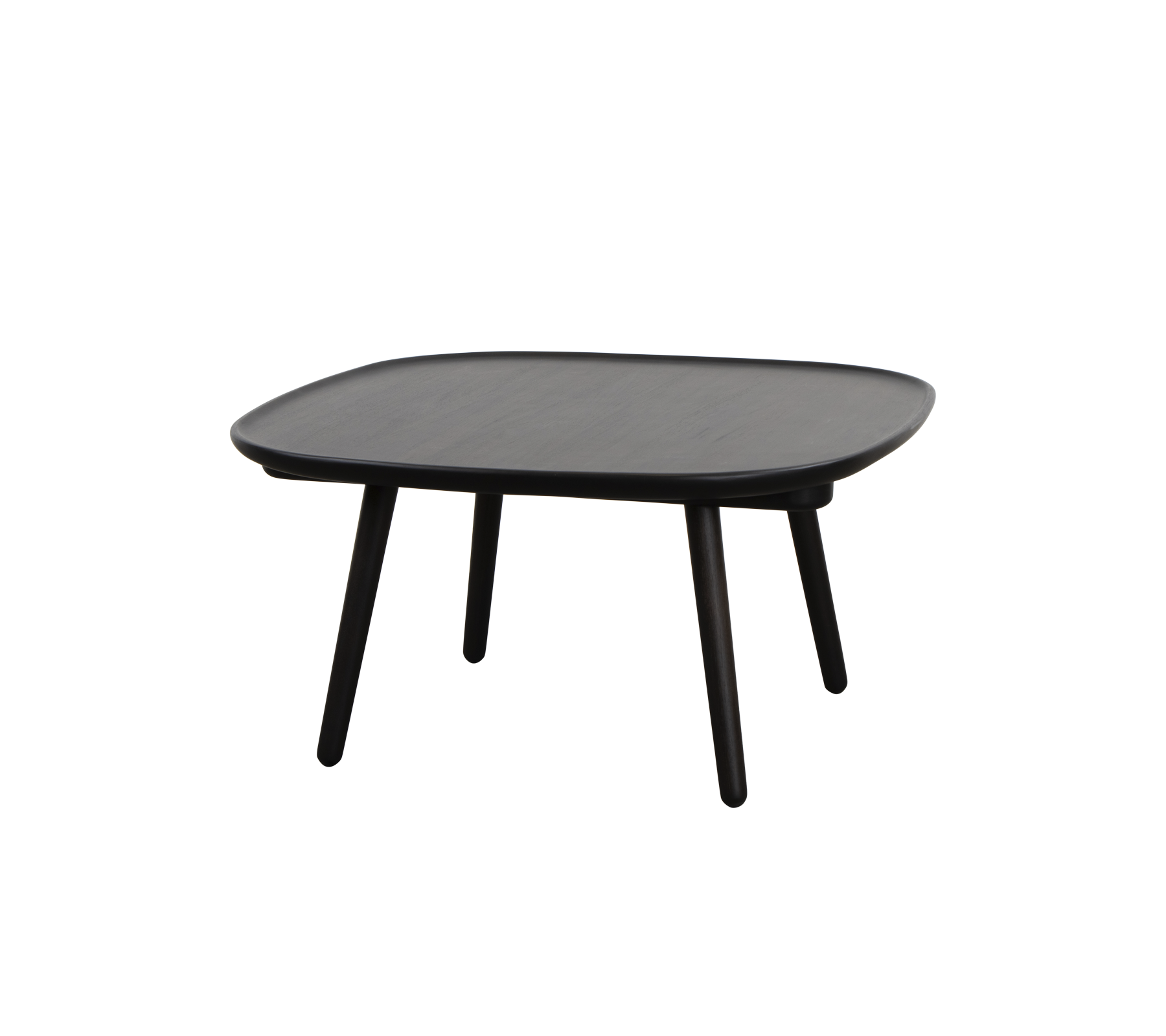 Firkantet svart bord med en glatt overflate og fire slanke ben, designet for allsidig bruk i ulike innstillinger.