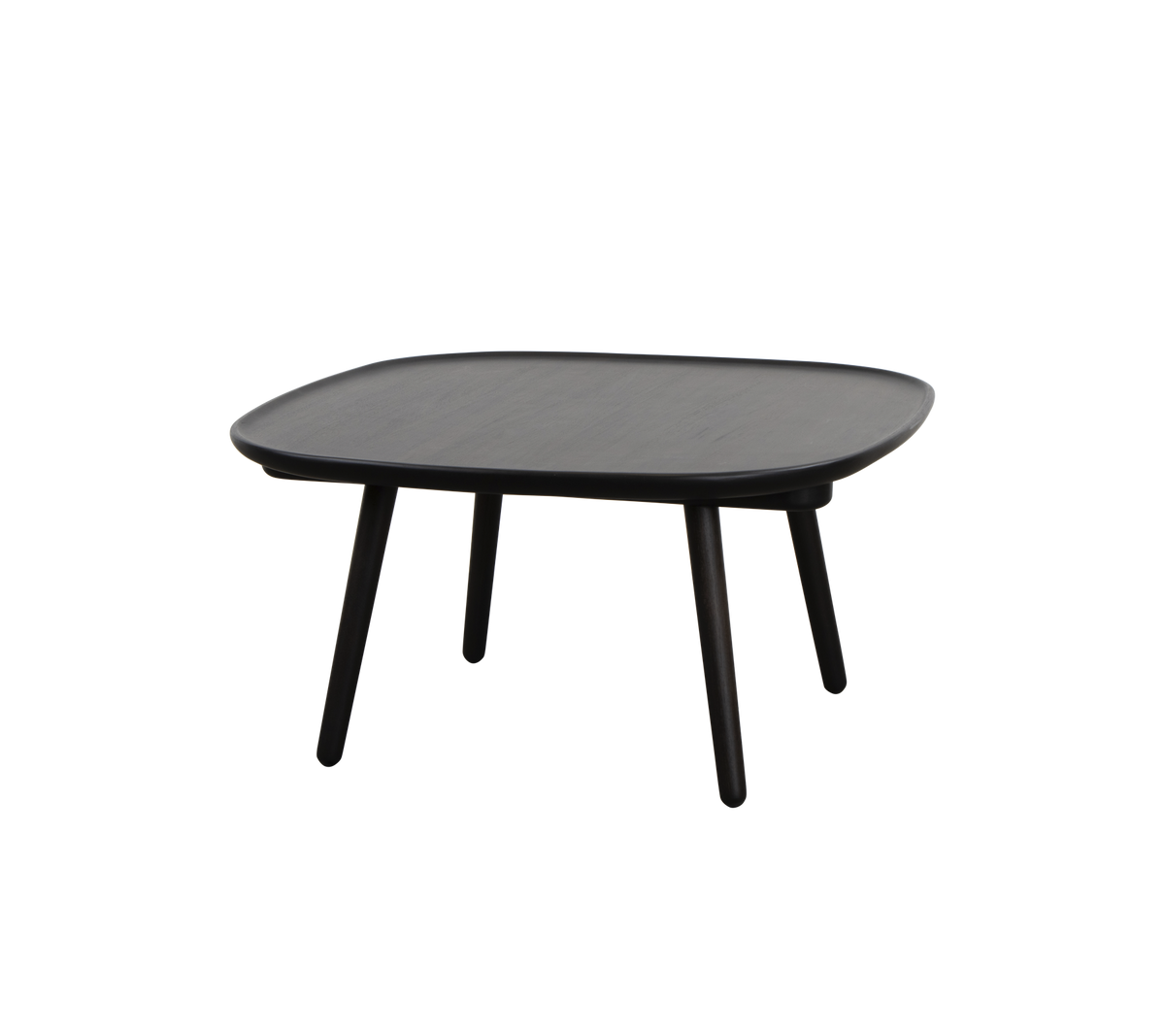 Firkantet svart bord med en glatt overflate og fire slanke ben, designet for allsidig bruk i ulike innstillinger.
