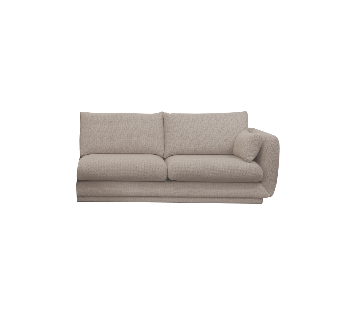 Lys brun moderne sofa med to puter i en loungeinnstilling.