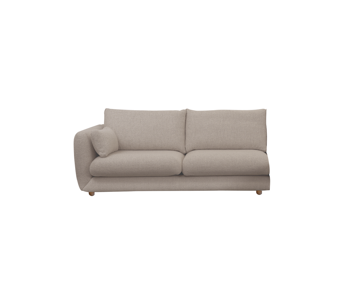 Lys brun moderne sofa med minimalistisk design og avrundet arm.