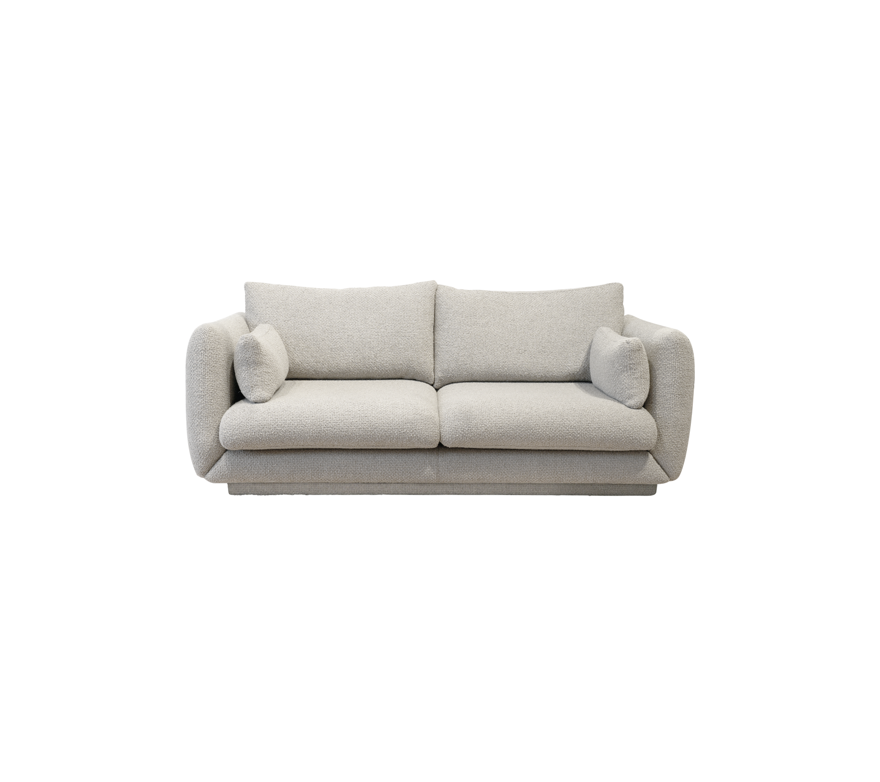 En stilfull, moderne sofa i lys grått stoff med myke puter og myke, avrundede kanter for komfort og eleganse.