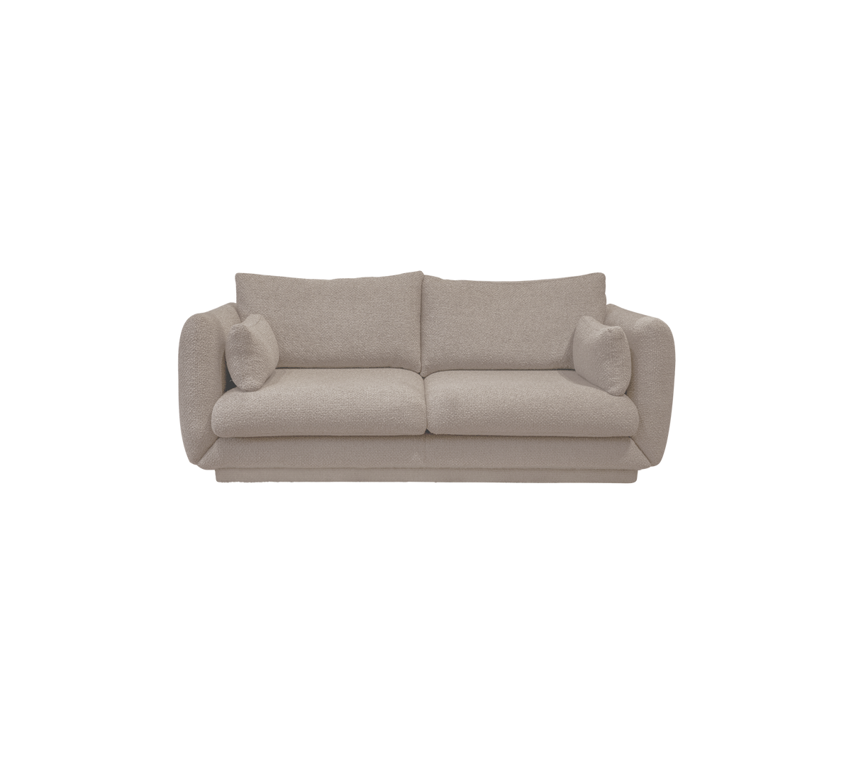 Lys brun sofa med runde puter i moderne design.