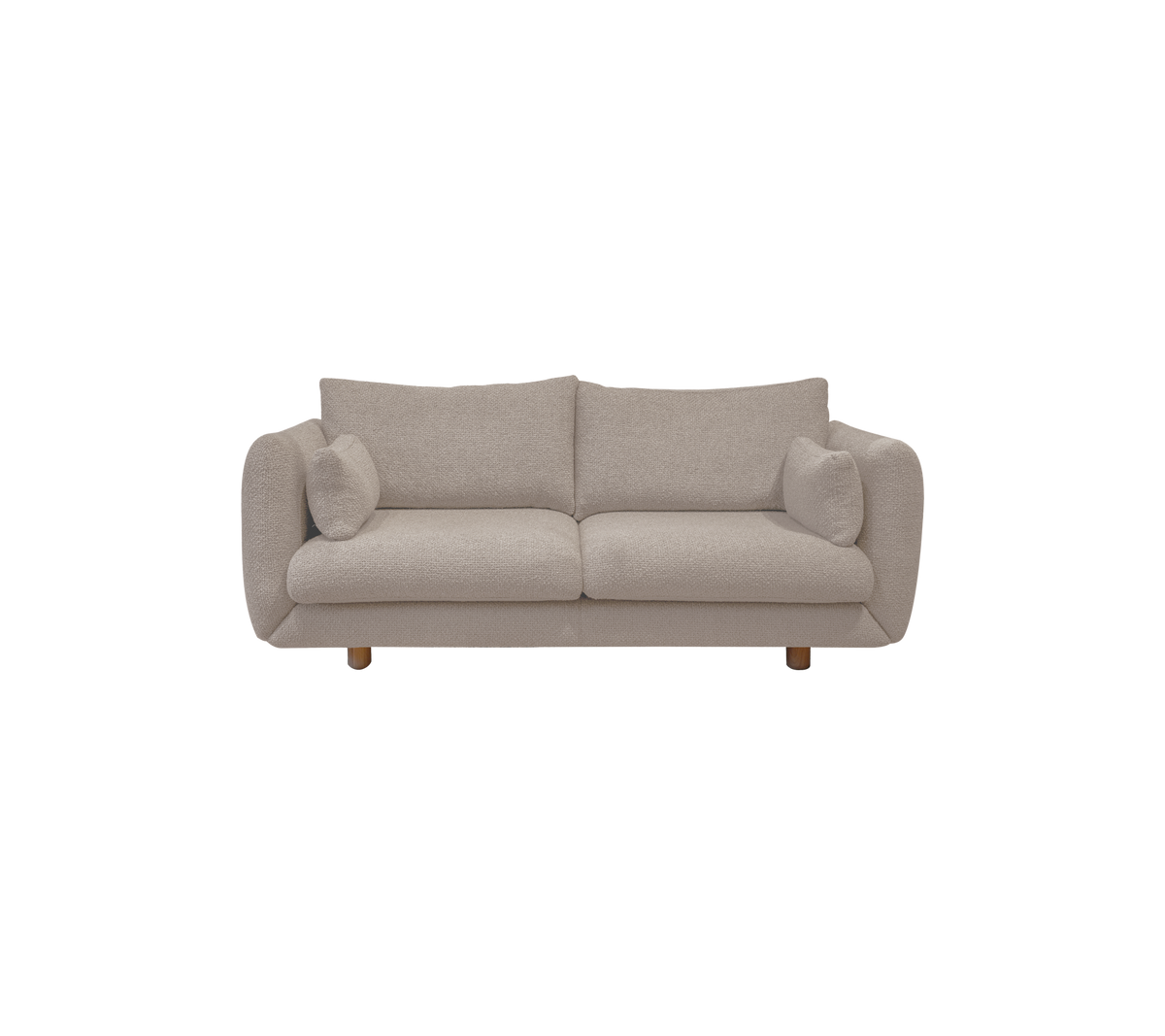 Lys brun sofa med runde puter i en moderne loungestil.