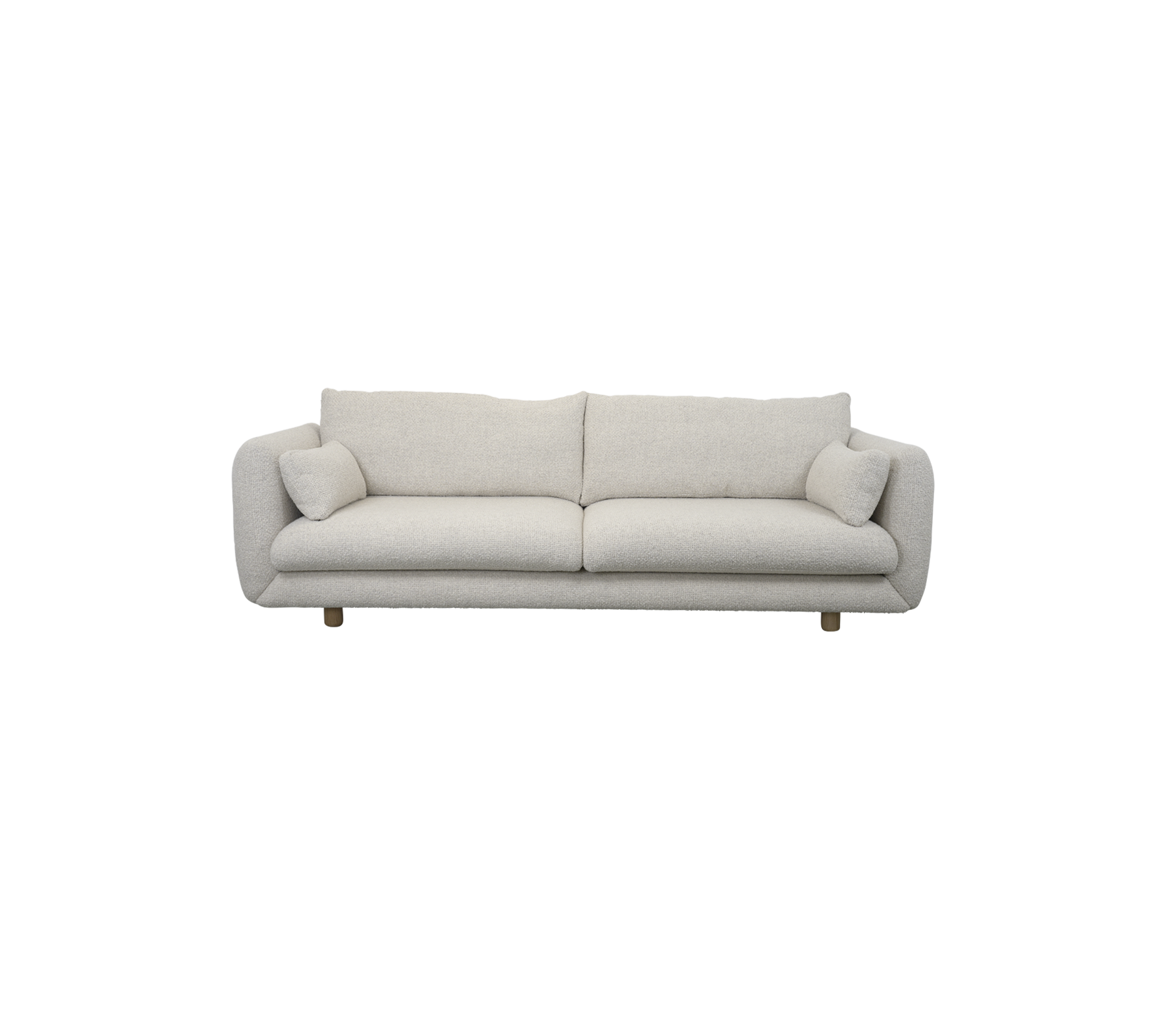 Lysfarget, plysjsofa med to matchende puter, som har et moderne design og rene linjer for et stilfullt sittealternativ.